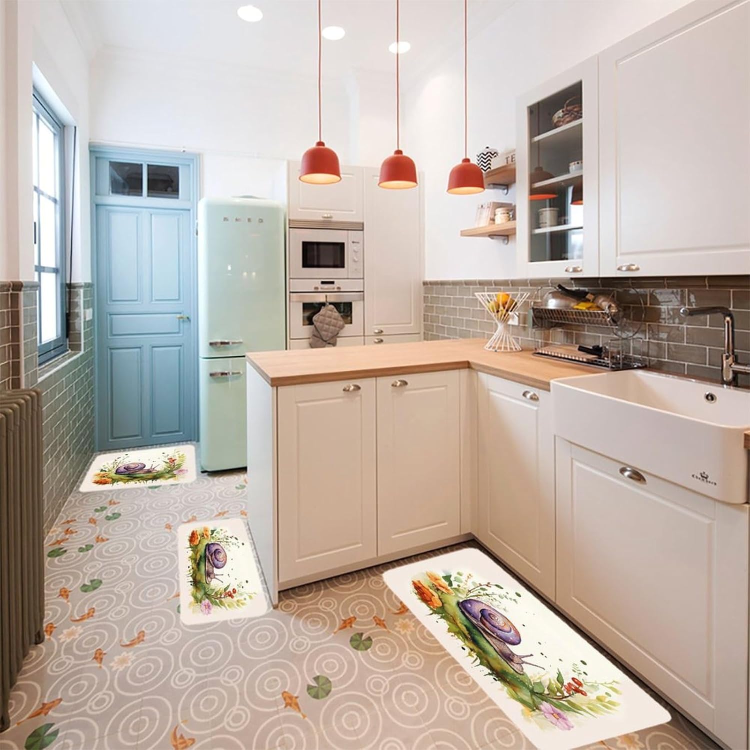 Lovely Snail Kitchen Rugs Sets of 3 Washable Non Slip Kitchen Rug Water Resistant Carpet Piece Anti Fatigue Kitchen Mats Soft Comfort Standing Mat Modern Area Rug