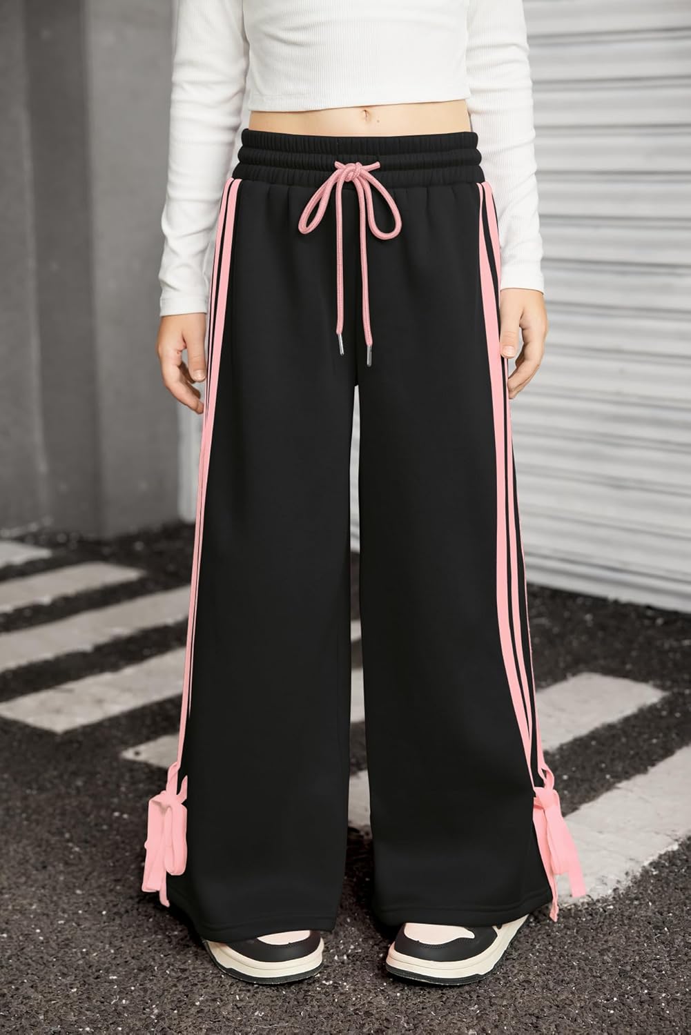 Girls Winter Trendy Striped Side Baggy Track Pants Cute Bowknot Y2K Wide Leg Sweatpants 5-14 Years - Image 2