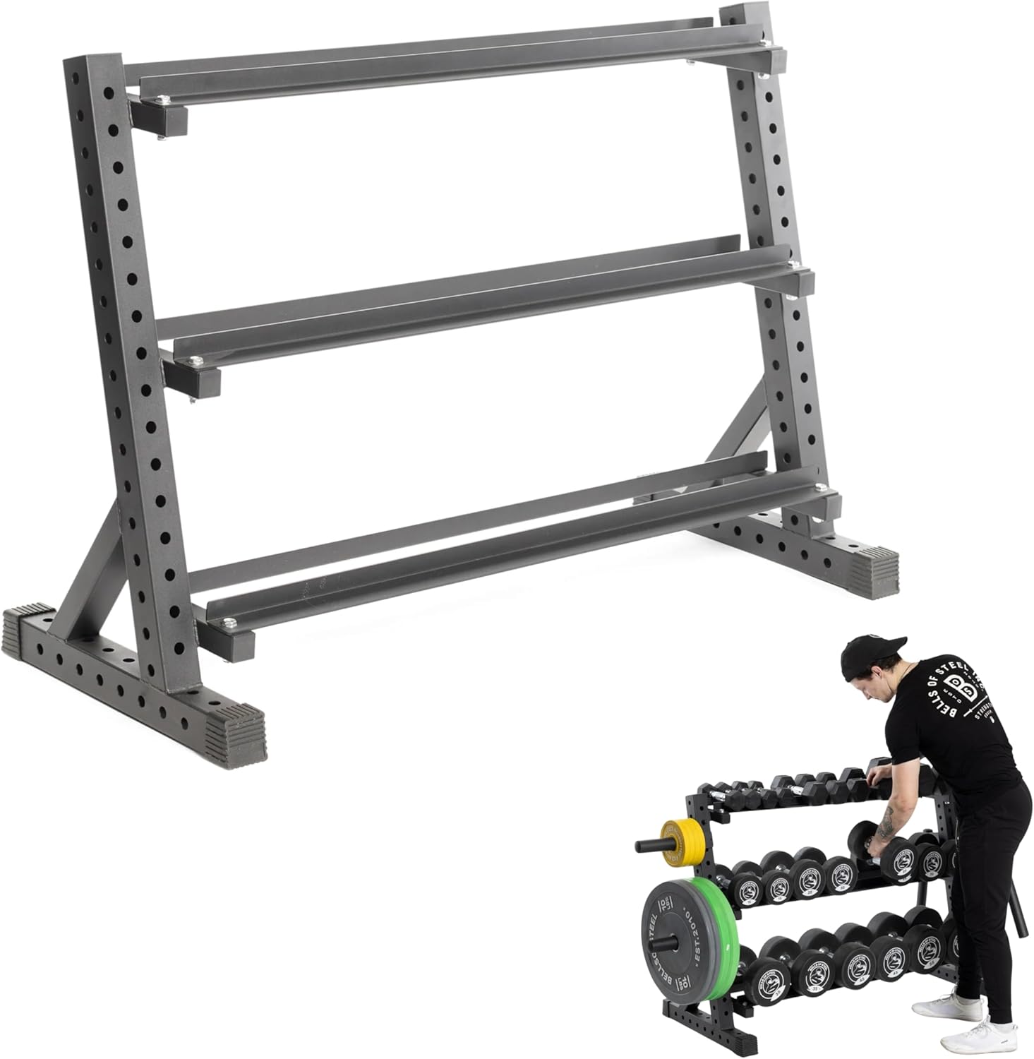 Residential Dumbbell Rack Bells of Steel — 3-Tier Dumbbell Storage Rack for Home Gym, Compact Weight Rack for Hex & Rubber Dumbbells, Heavy Duty Steel Dumbbell Holder, Black