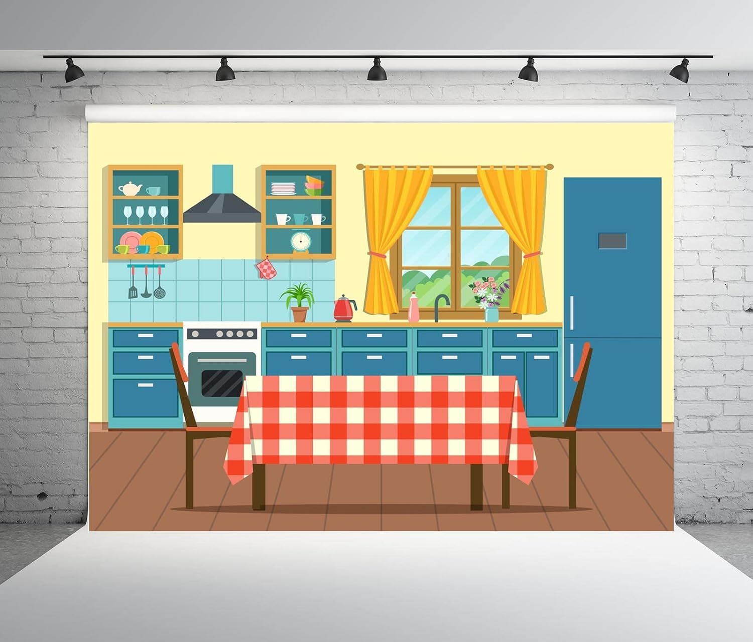 BELECO 6x3m Fabric Cucina Cartoon Colorata Sfondo Fotografico | Scenario Cucina Con Mobili Finestra Tavolo E Utensili Per Feste Foto Di Bambini Ed Eventi