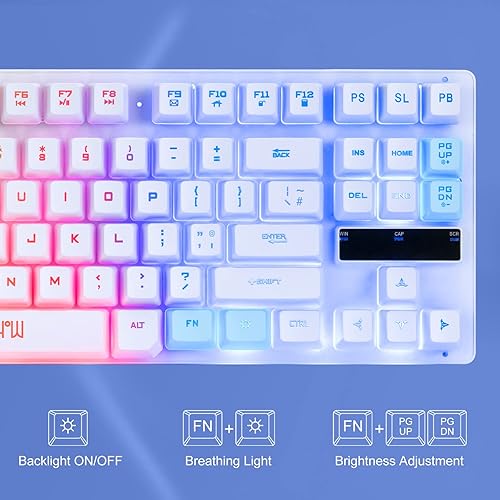 Miniatura 3 de CHONCHOW TKL - Teclado para juegos con cable de 87 teclas, retroiluminación LED arcoíris, teclado blanco y mouse 3200DPI Combo compatible con PC,