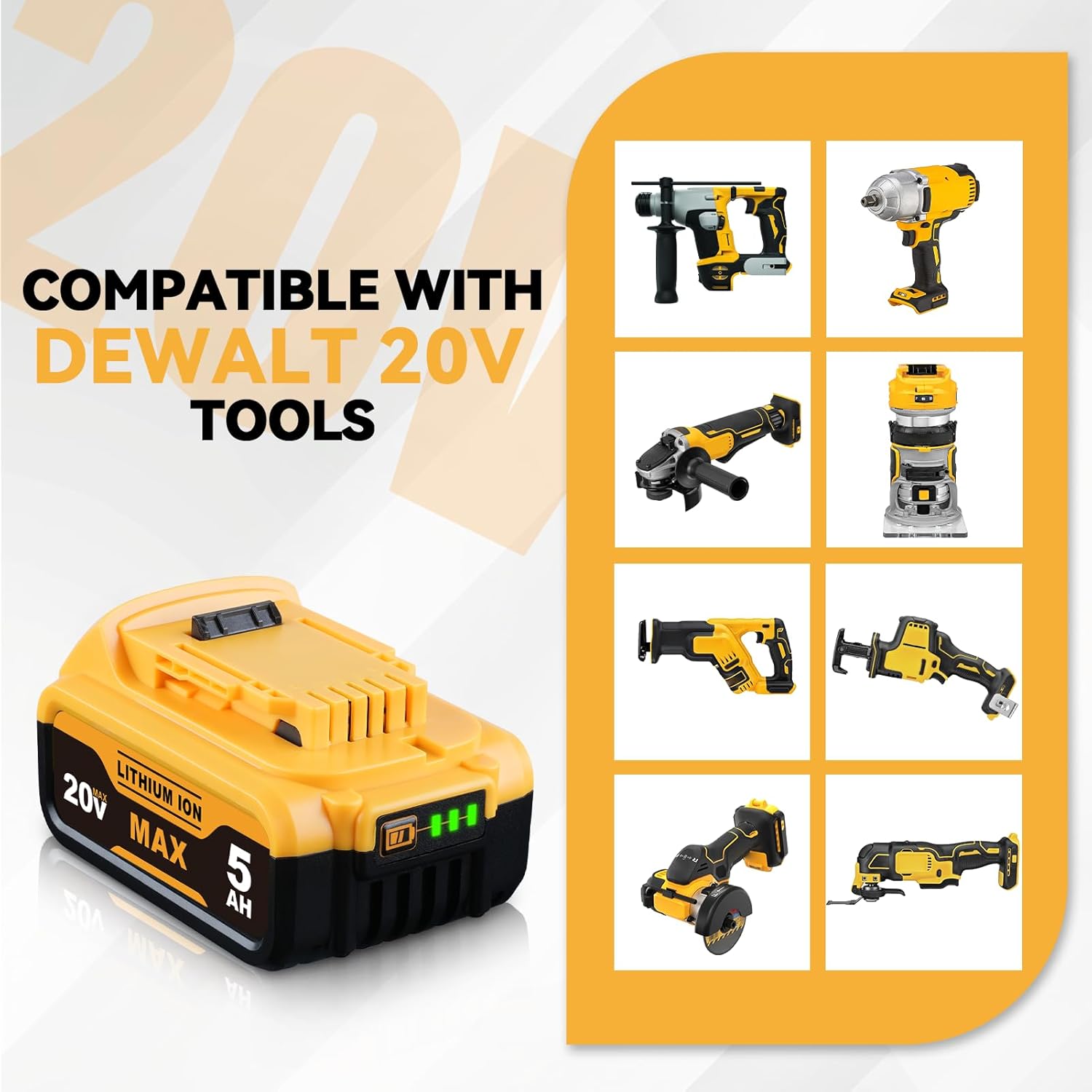 8Pack DCB200 5000mAh Replacement for Dewalt 20V Max Battery Compatible with Dewalt Battery DCB200 DCB206 DCB207 DCB204 Apply to 20V Cordless Power Tools and Chargers
