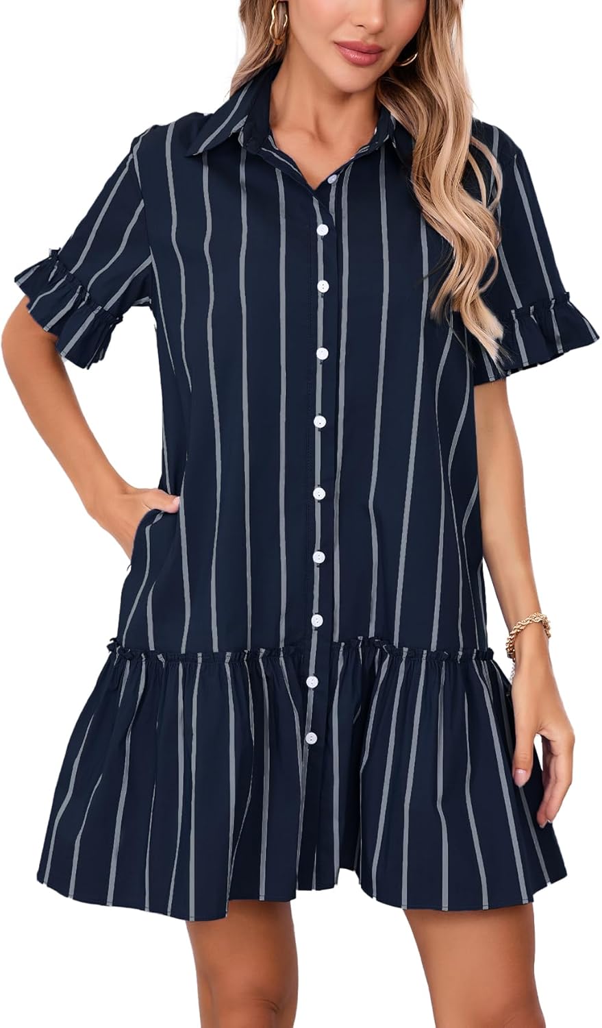 Women's Cotton Linen Ruffle Mini Dress Short Sleeve Button Down Drop Waist Tunic Shirt Dress