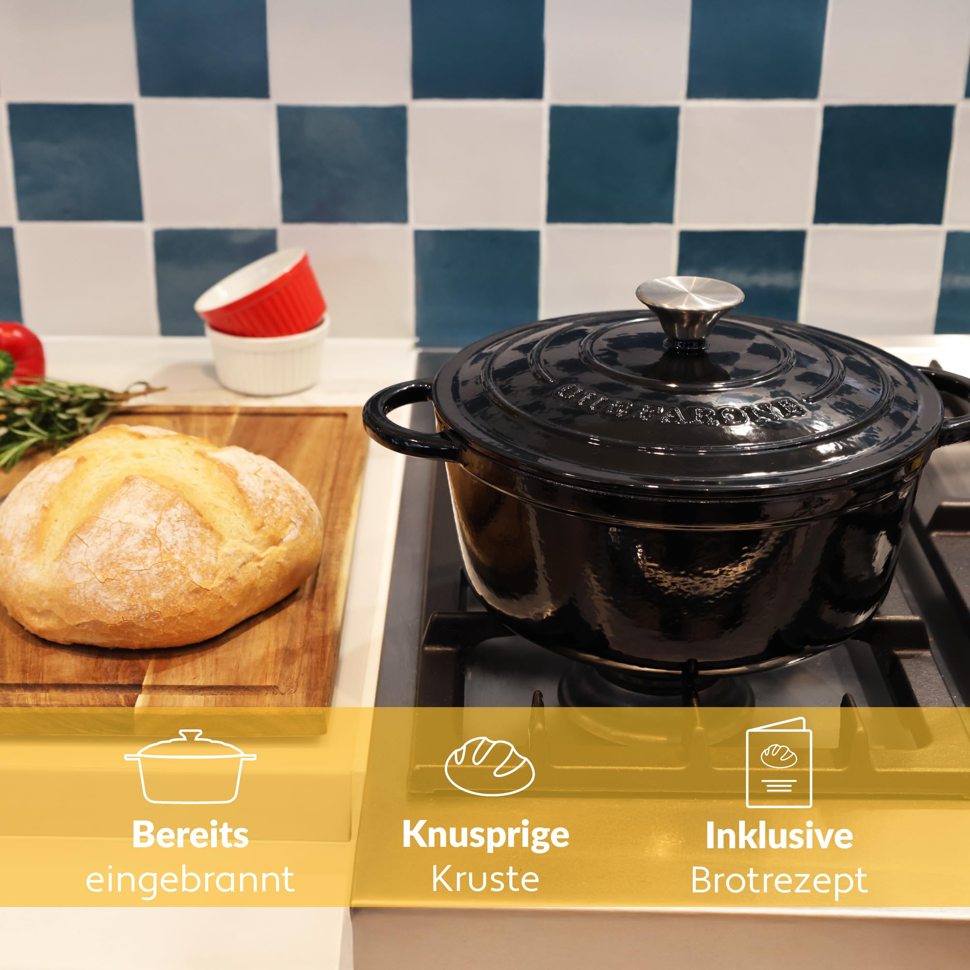 Chefarone Gusseisen Topf 26 cm 4,7 L emailliert - Schmortopf mit Deckel Induktion - Gusseisen Bräter Topf Brot backen - Cocotte emaille - Bratentopf - Brotbacktopf