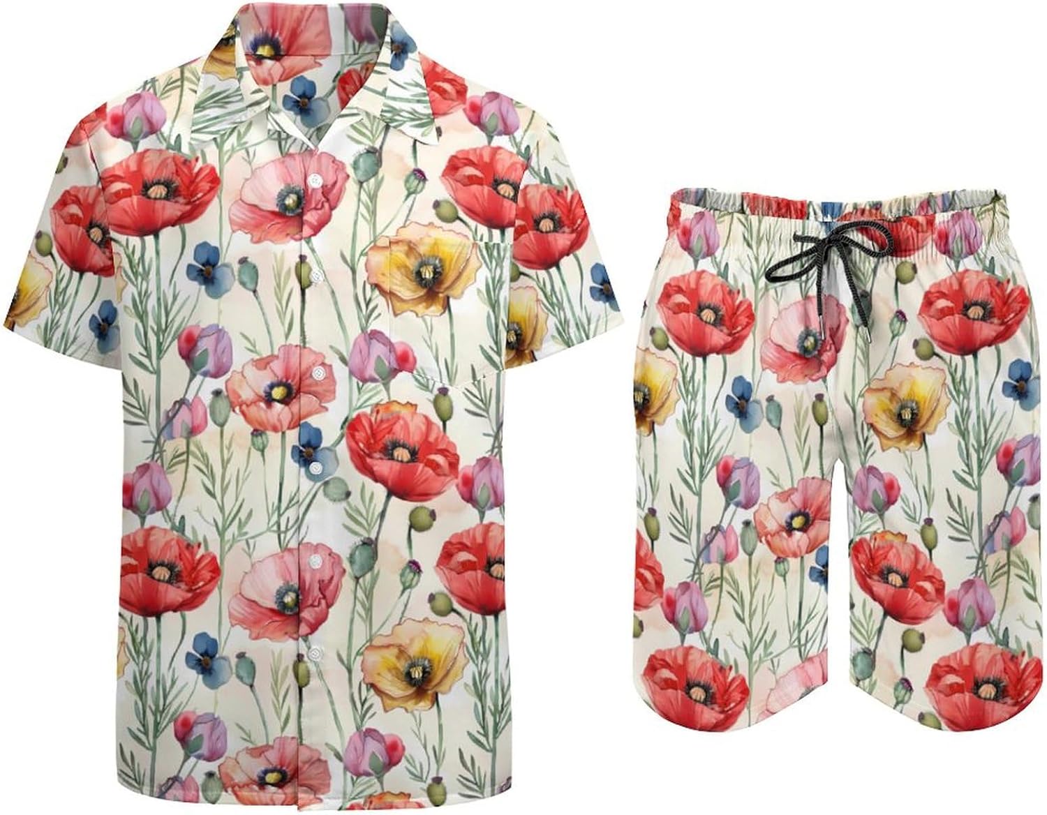Poppy Flowers Men's Summer Beach Outfits Shirt And Shorts Set 2 Piece Vacation Swimwear