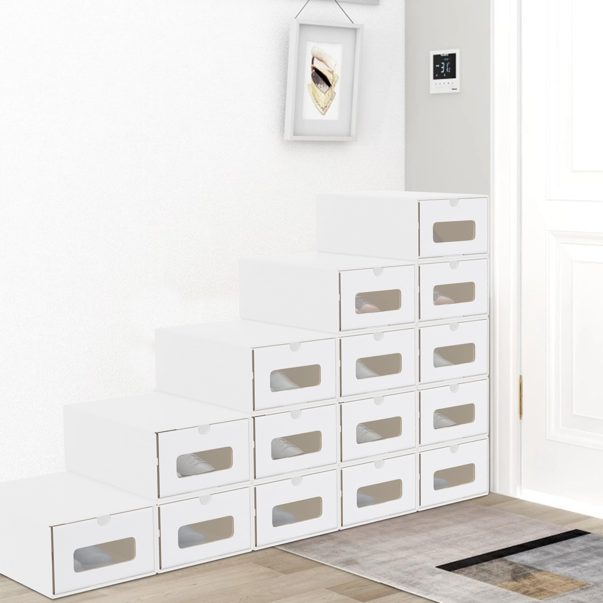 AufuN 10 cajas apilables para zapatos de papel kraft con tapa y ventana transparente, práctica caja de almacenamiento para zapatos, 35 x 24 x 14 cm, color blanco