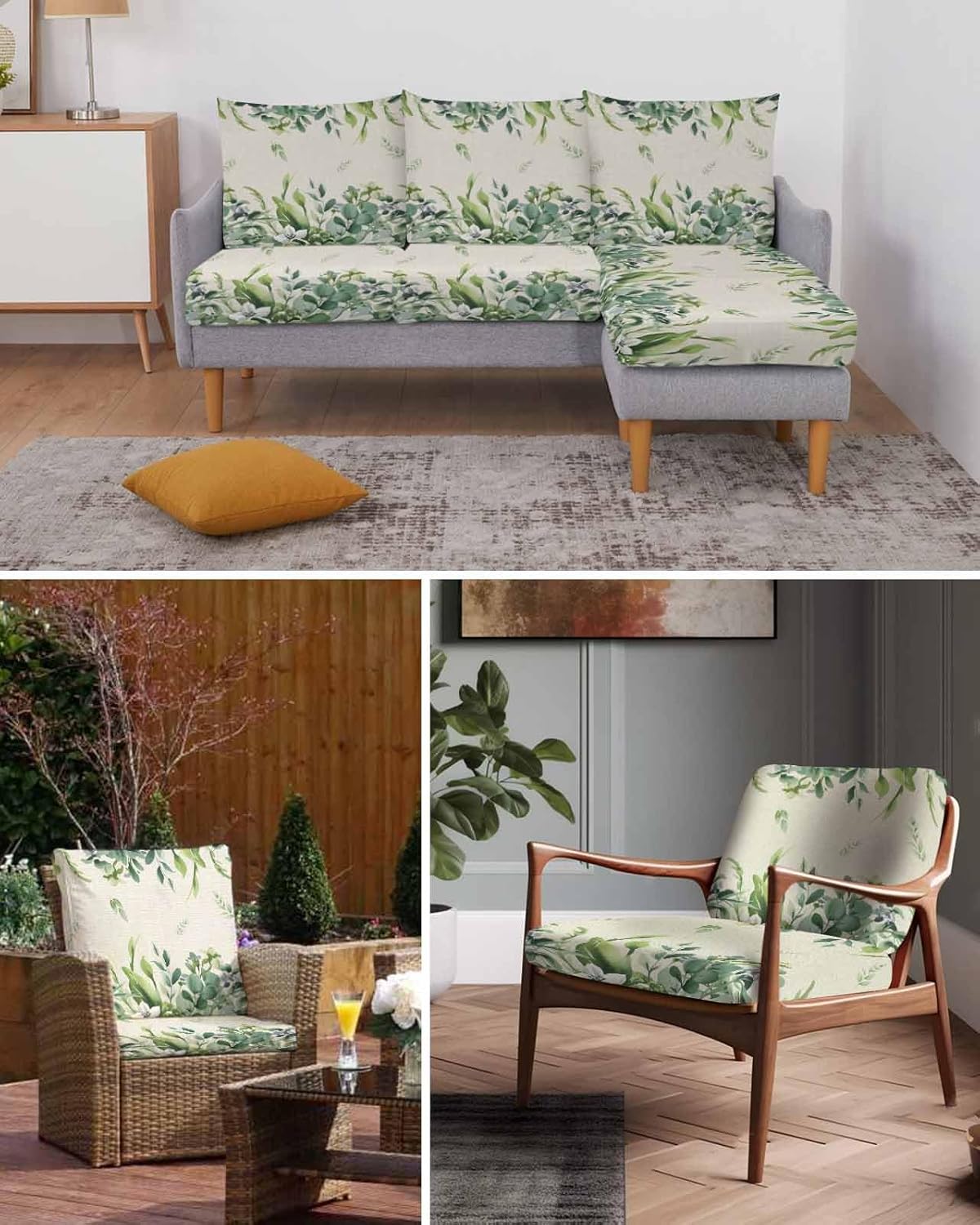 Eucalyptus Leaves Sofa Couch Cushion Covers Washable, Spring Summer Botanical Rustic Burlap Removable Stretchable Sectional Couch Covers Slipcovers for L & T Shape Sofa Furniture Protector M Size 1 pc