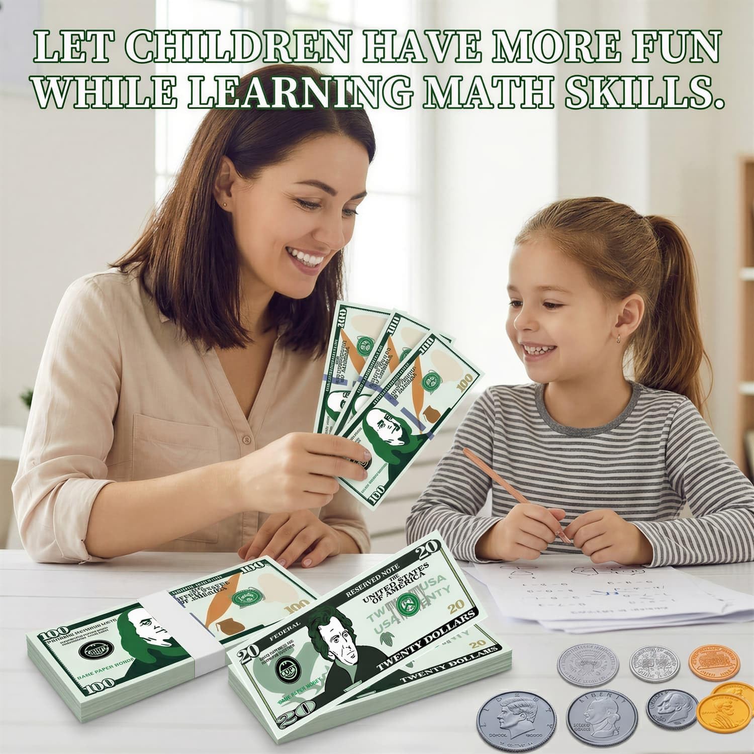 600 Pcs Fake Money for Kids - Realistic Play Money Bills & Plastic Coins - Math Manipulatives & Classroom Currency Set for Grocery Store, Bank, & Board Games - Educational Counting Toy, Ages 3+