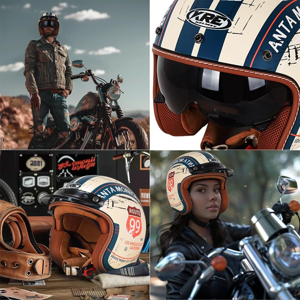 Casco de Moto de Cara Abierta Retro, ECE Homologado, 3/4 Jet Cascos de Protección con Visera Solar para Unisex Motocicleta Bicicleta Scooter Medio Casco (57CM~66CM)