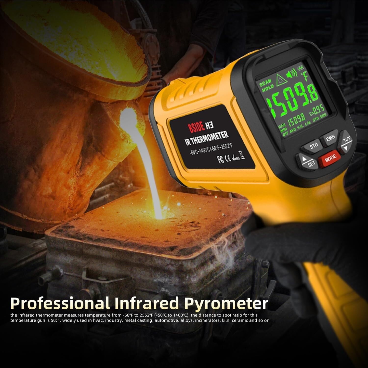 Termometr laserowy na podczerwień z pistoletem -58℉~2552℉(-50℃~1400℃) Przenośny cyfrowy 50:1 z kolorowym wyświetlaczem LCD, alarmowy pirometr do pieców przemysłowych