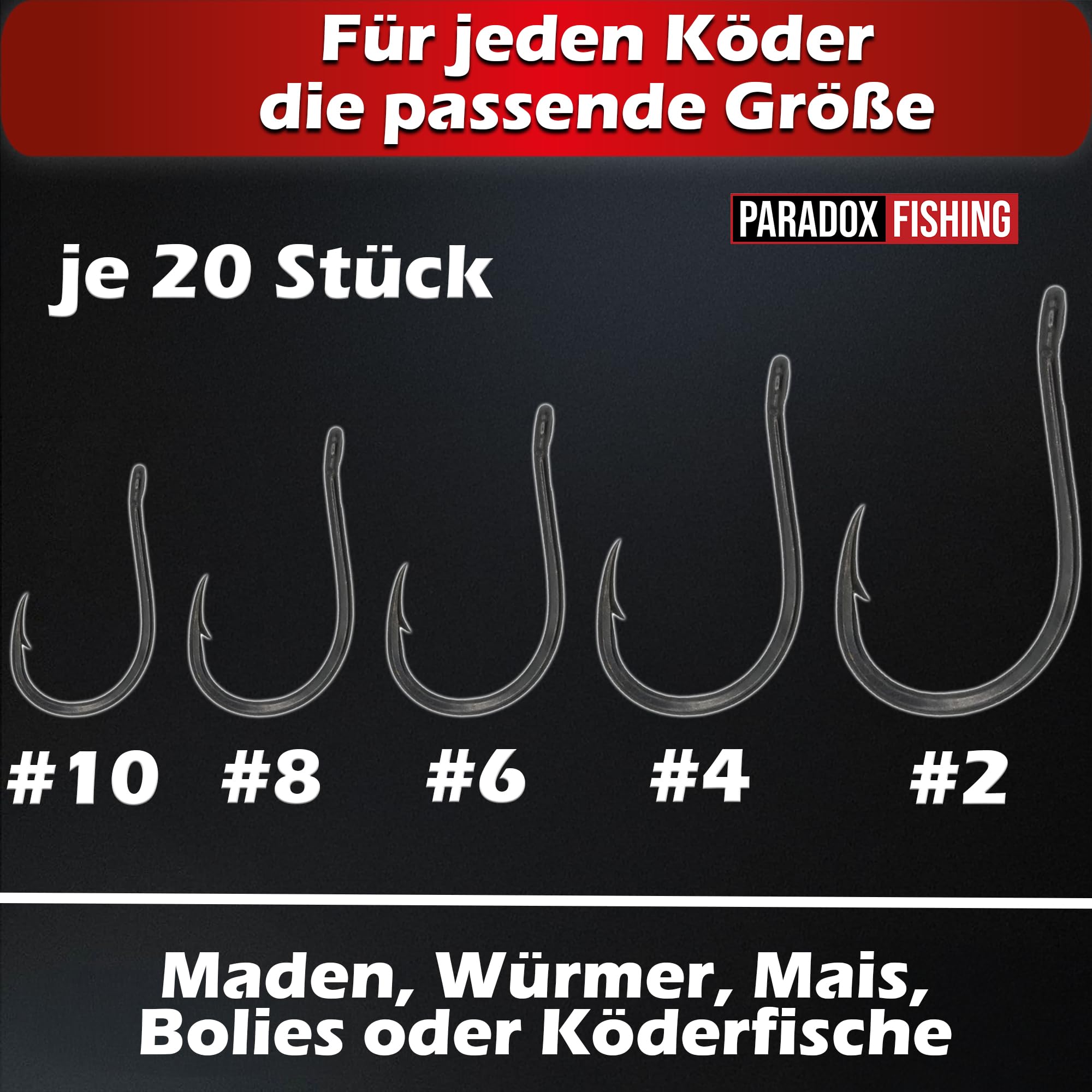 Paradox Fishing Uniwersalne haczyki wędkarskie z uchem I 100 sztuk #10/#8/#6/#4/#2 – po 20 sztuk I zestaw haczyków wędkarskich na karpie, pstrąga itp.