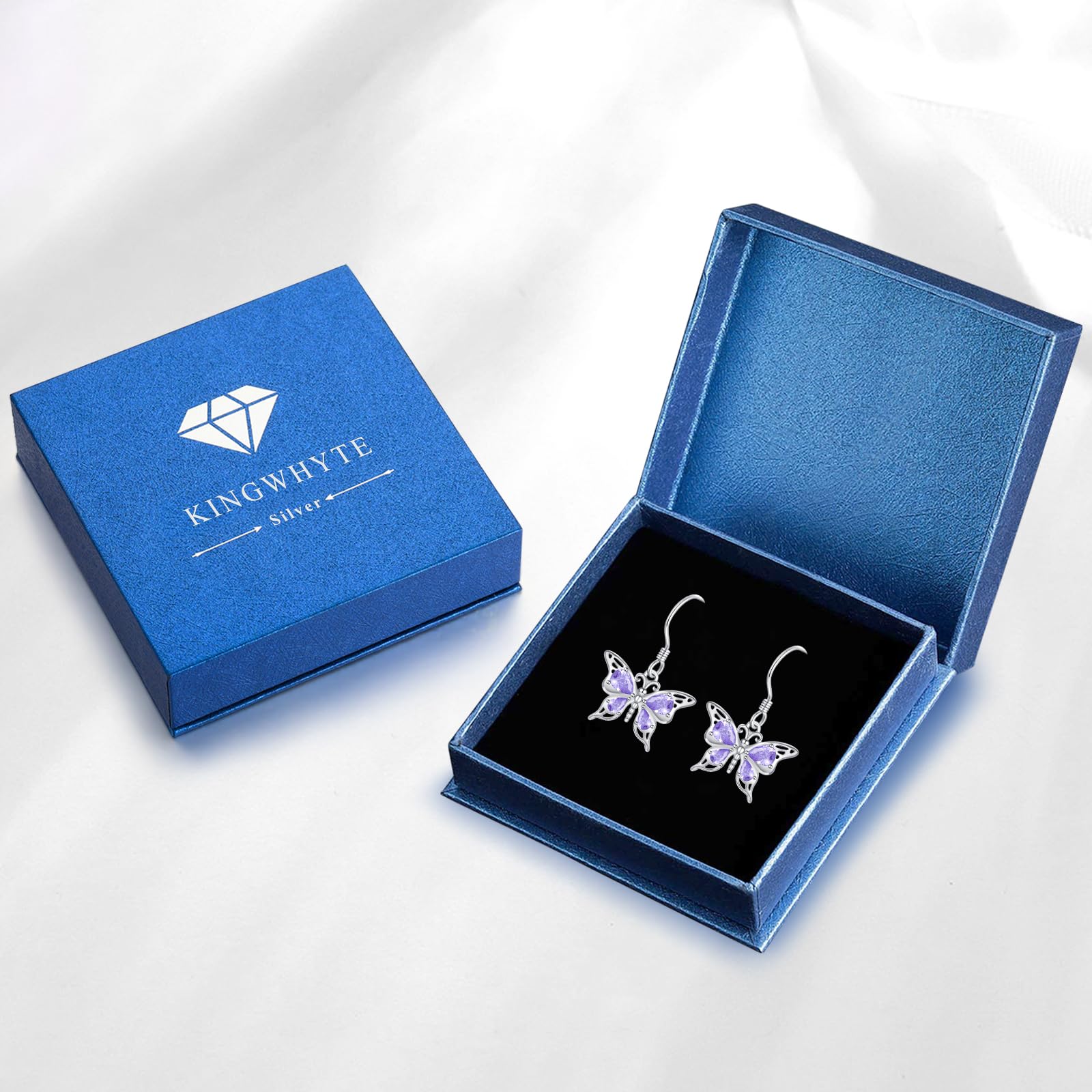KINGWHYTE Pendientes de mariposa para mujer, plata de ley 925, cristal morado, joyería de mariposa, regalo de cumpleaños para mujeres, niñas, mamá e hija, Plata de ley Plata, Crystal