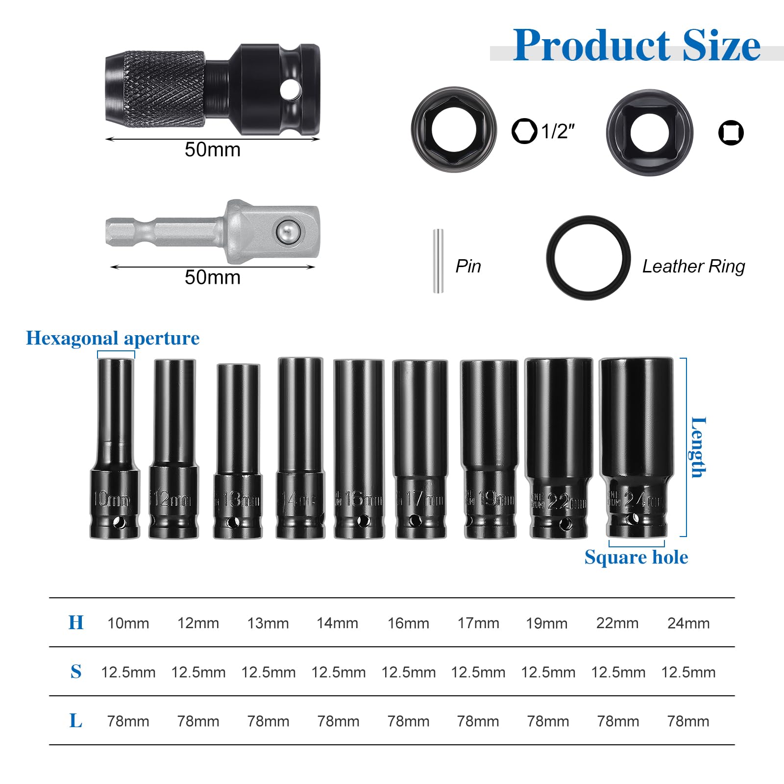 11PCS Deep Impact Set 1/2 Inch Metric Drive Tool Impact Wrench Long Socket Set 10-24mm Hex Socket Adapter and Extension Rod for Car Repairs Tire Change - Image 2