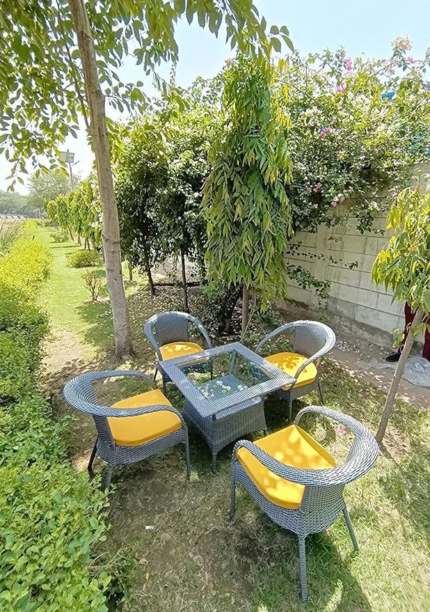 Image of India 4+1 Outdoor Indoor Patio Furniture Sets Rattan Chair Patio Set Lawn Chairs Balcony Rooftop Outdoor Garden Furniture Chair with Cushion (Black with White line & Yellow Cushion)