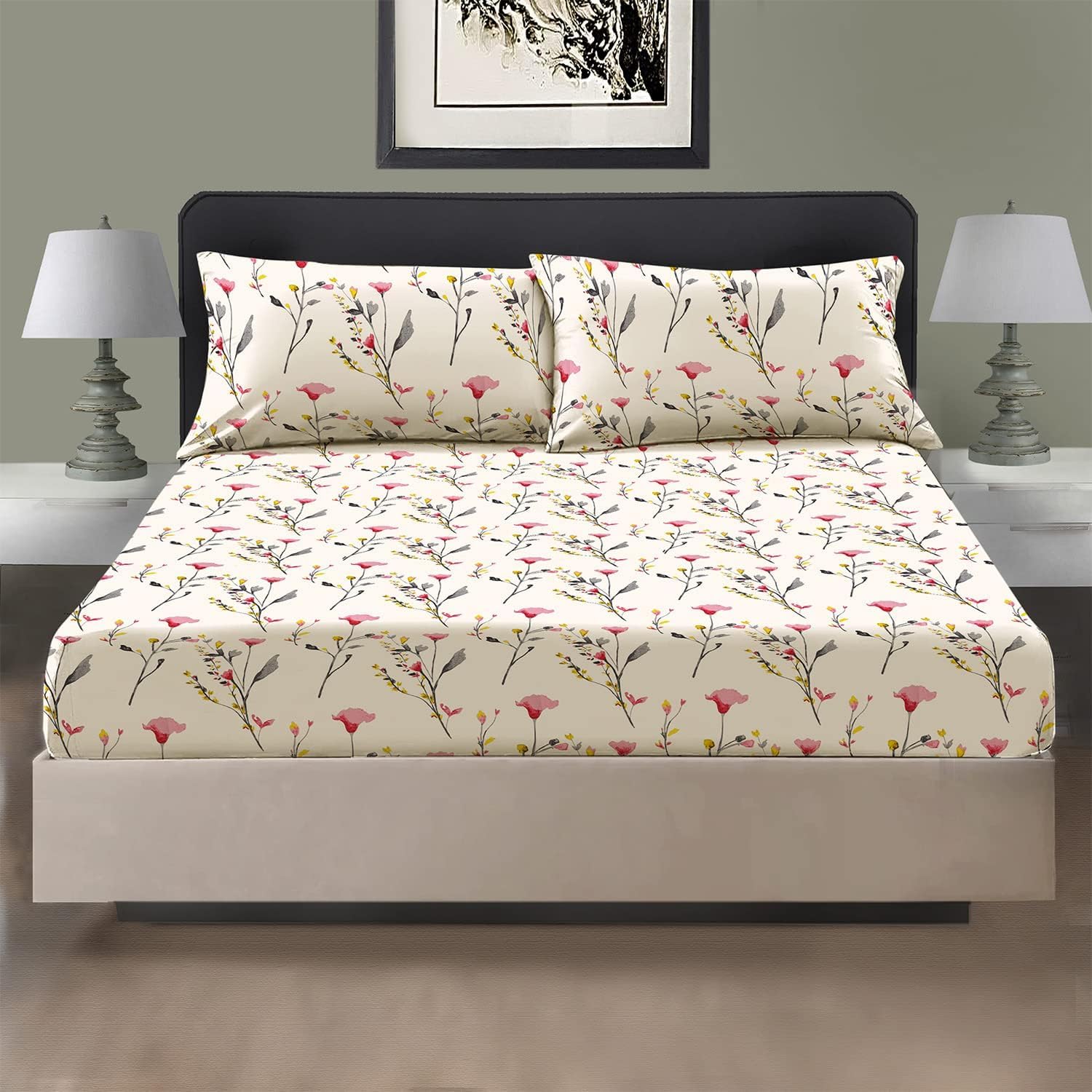 Printed Double Fitted Sheet 100% Egyptian Cotton Floral Design 400 Thread Count – 30cm (12”) Extra Deep Pocket Double Bed Sheet – Soft Luxury Floral Print Bedding (137 x 190 cm) — image 1