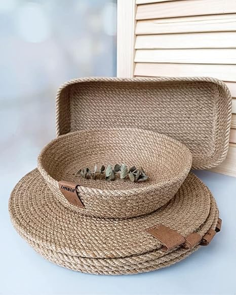 Ekeffy Jute Rope Round Placements Pack of 6 Tableware Pad Straw Braided Placemat Place Mats Coaster Heat Resistant Non-Slip Dish Cup Mat Kitchen Dining Table Decoration Accessories(Beige patten4)