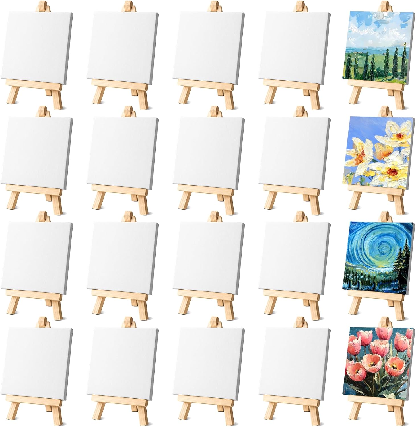 JJUNW 24 Pack Small Painting Canvas with Mini Easel, 4 x 4 Inch Mini Canvases with Easel Sets Art Canvases Painting Kit with Wood Display Easels for Adults & Kids Party Classroom Crafts