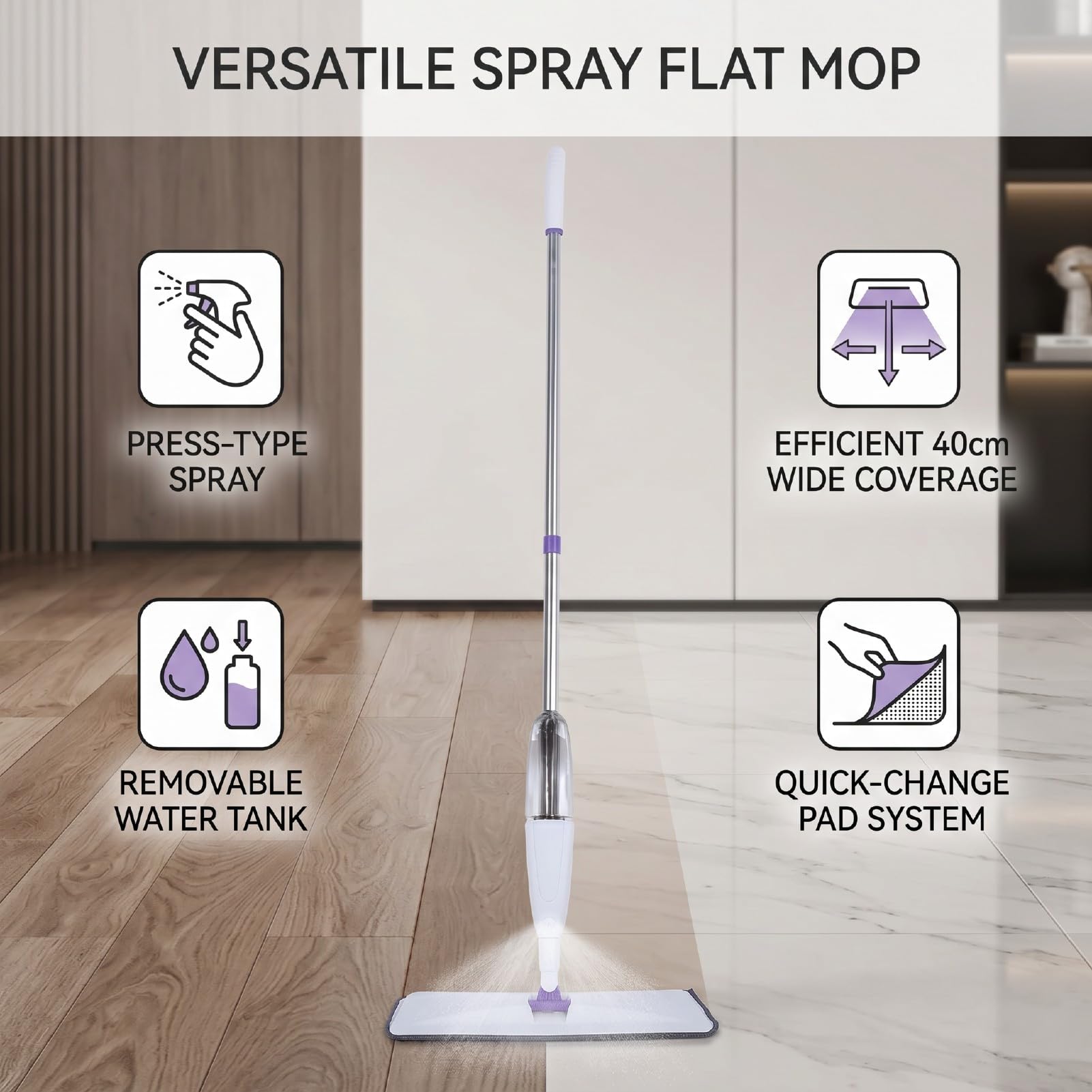 Luocute Mop Piatto a Spruzzo Pannello Grande con Serbatoio Dell'acqua Rimovibile, Design a Spruzzo a Pressione, Cuscinetti per Mop con Chiusura a Strappo, Asta Telescopica in (Cuscinetti da 3 pezzi