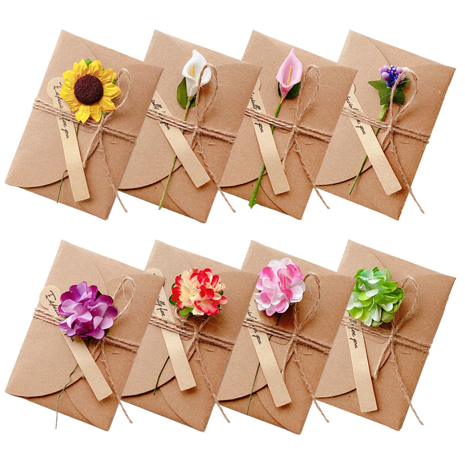 Cartes de Vœux Rétro avec Fleurs Séchées - 8 Pièces en Papier Kraft
