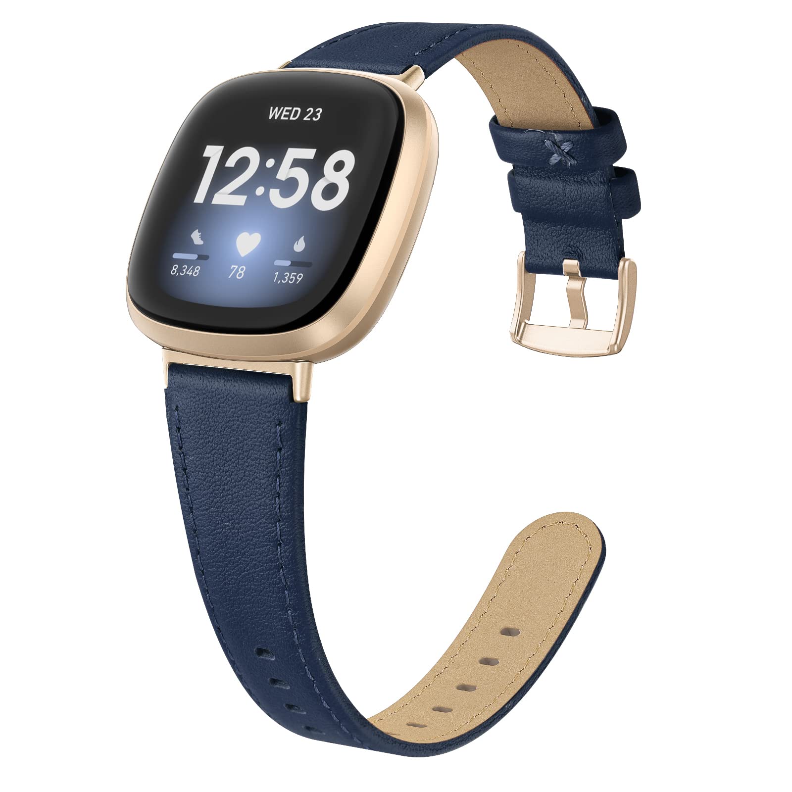 EDIMENS Leather Bands Compatible for Fitbit Versa 3,Fitbit Sense for Women Men, Genuine Leather Bands Replacement Wristbands Straps Compatible with Versa 4,Sense, Mightnight Blue with Gold Buckle — image 1