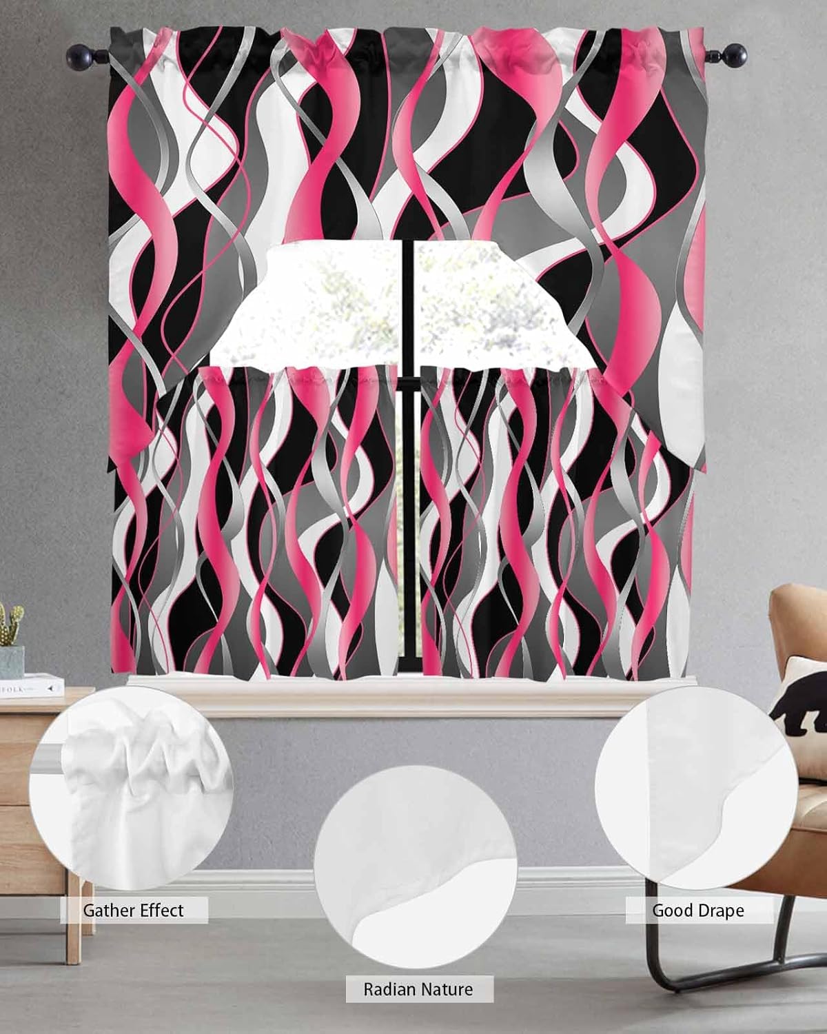 Pink Black Kitchen Curtains Swag Valance and Tier Curtains Set 24 Inch Length, Geometric Contemporary Grey White Stripe Rod Pocket Drape Panels Pair Swag Curtains for Bathroom/Cafe/Window