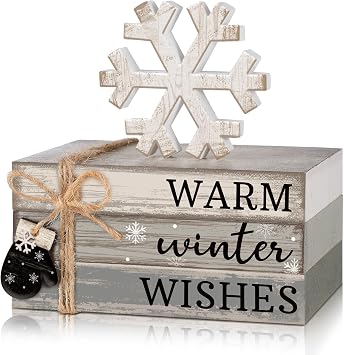 4 Pcs Winter Table Decorations Snowflake Tiered Tray Decor Warm Wishes Centerpiece Decorations Indoor Rustic Wooden Snowflake Block Sign Gift Farmhouse for Home Kitchen Shelf