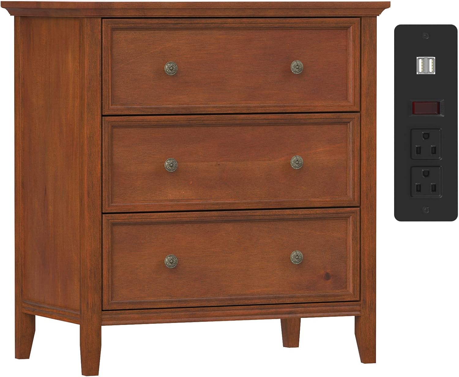 IKENO Solid Wood 3-Drawer Nightstand with Charging Station, Caramel Finish Bedside Table 16.8"D x 27.6"W x 26.8"H