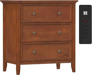 IKENO Caramel Solid Wood 3-Drawer Nightstand with Charging Station USB Ports - 27.6"W Tall Bedside Table