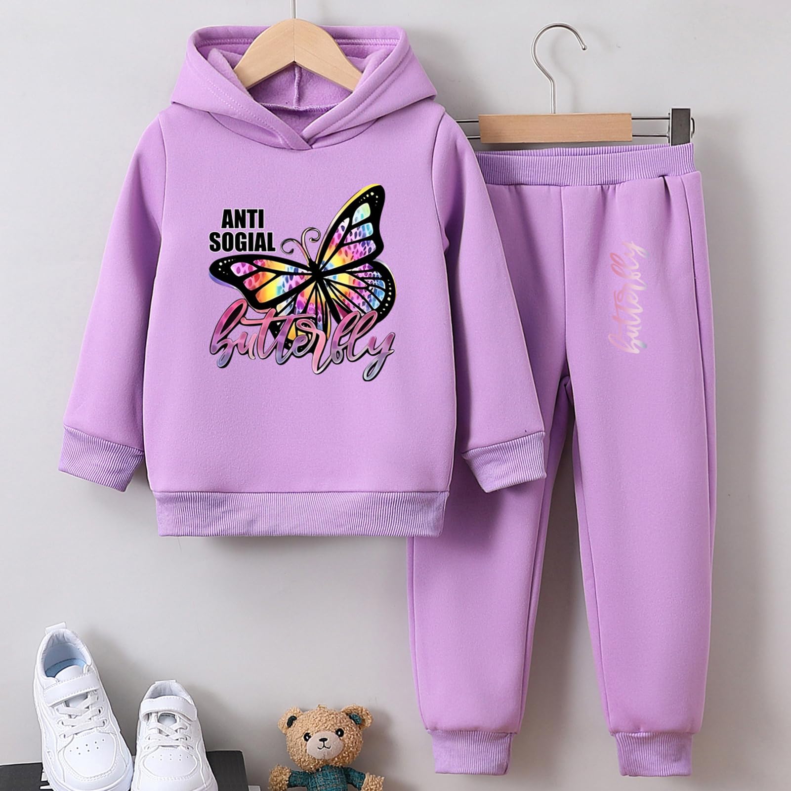 Survêtement Enfant Fille Imprimé de Papillon Ensemble de Sport 2pcs Sweatshirt à Capuche + Pantalons Costume jogging