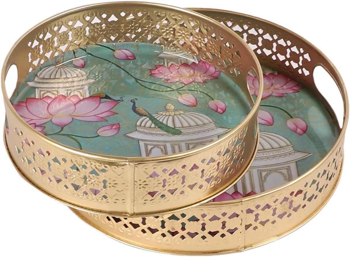 Two Moustaches Metal Rajasthani Round Lotus Flowers Design Serving Trays Set (8 & 10 Inches), Serving Plates for Home, Platters for Tea/Coffee/Snacks, Decorative Pichwai Tray, Multicolored, Pack of 2