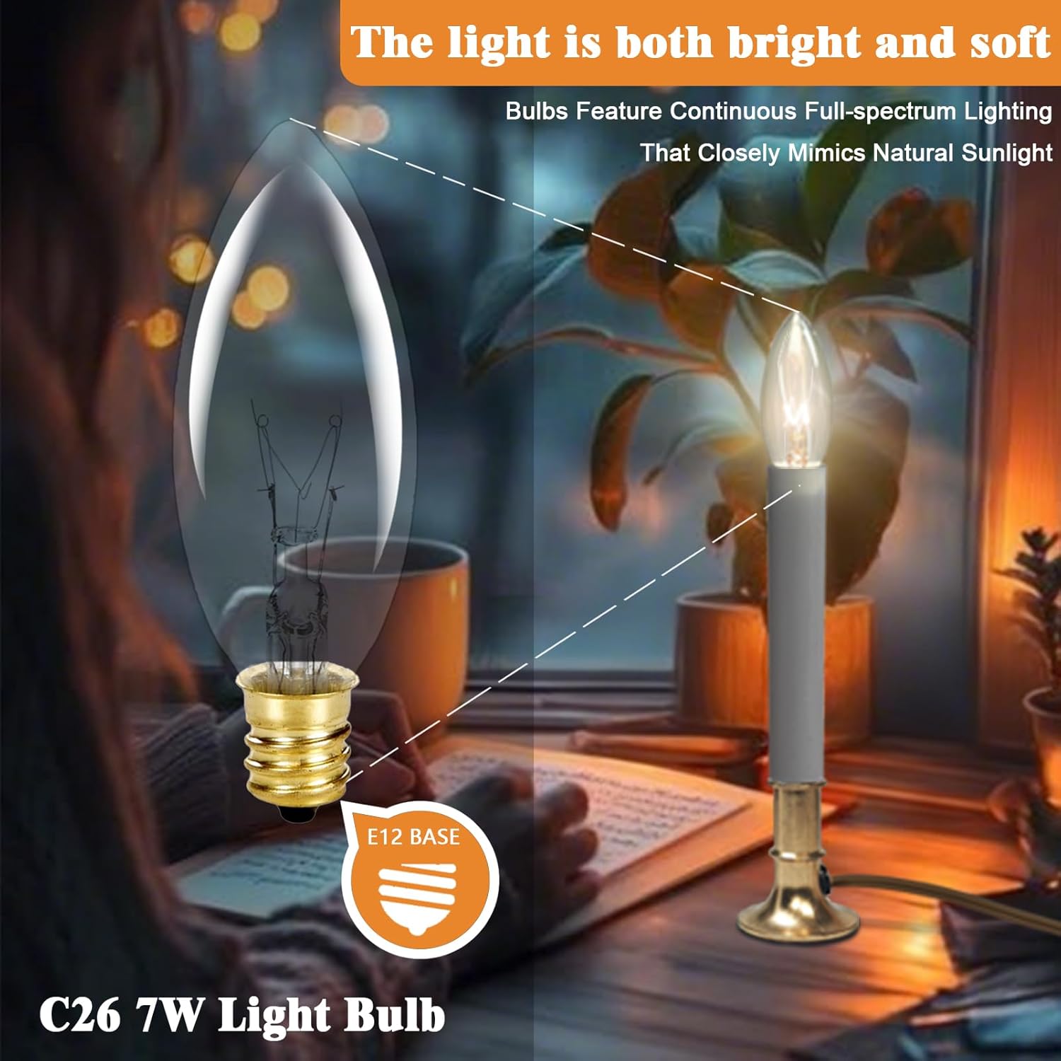 25 Pack Window Candle Bulbs, 7 Watt Clear E12 Night Light Bulb for Chandeliers, C26 Torpedo Candelabra Light Bulb