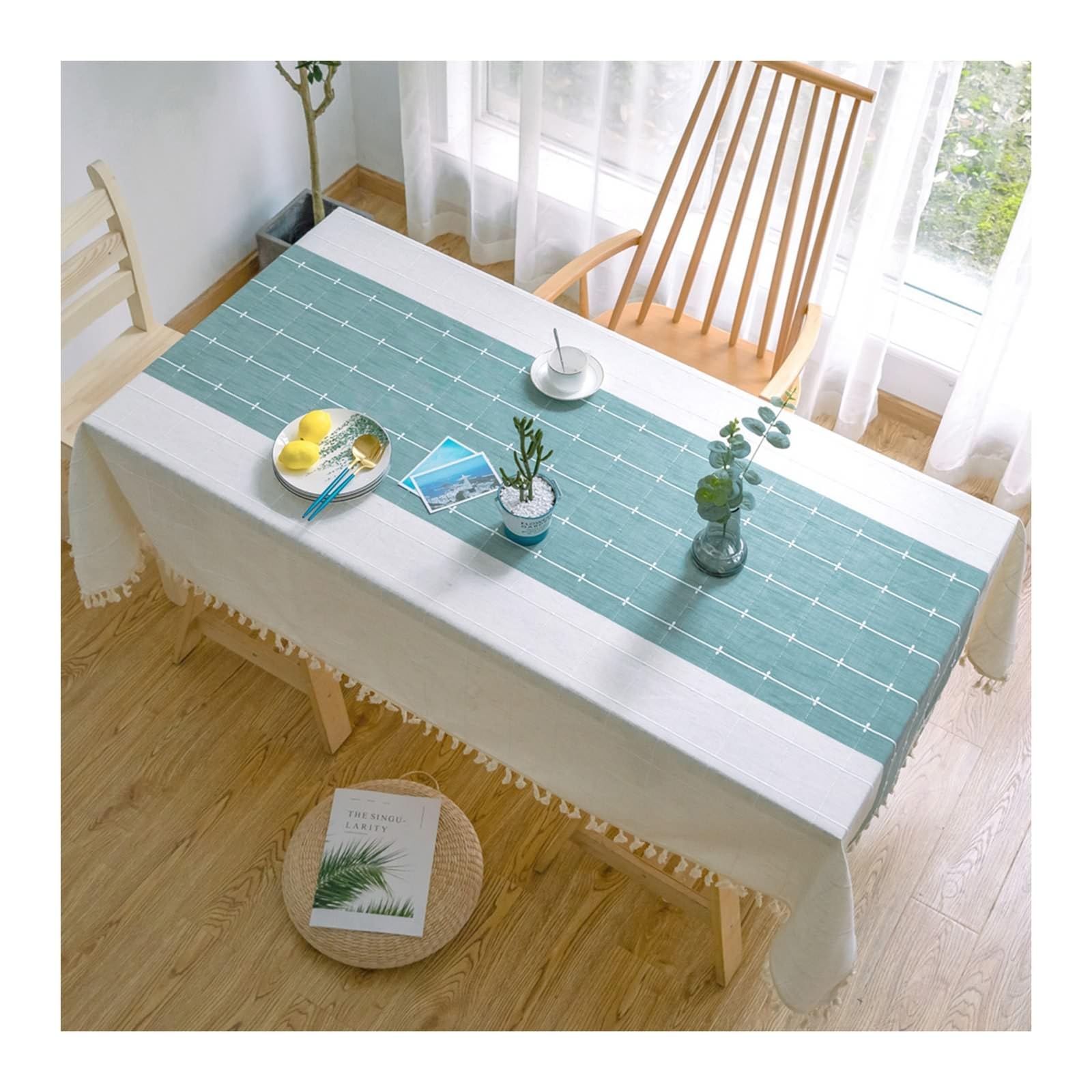 Daesar Mantel Rectangular Mesa Cocina,Manteles Mesa Poliéster Rayas con Borlas Manteles de Mesa Comedor Verde,140x180CM(71x55Inch)