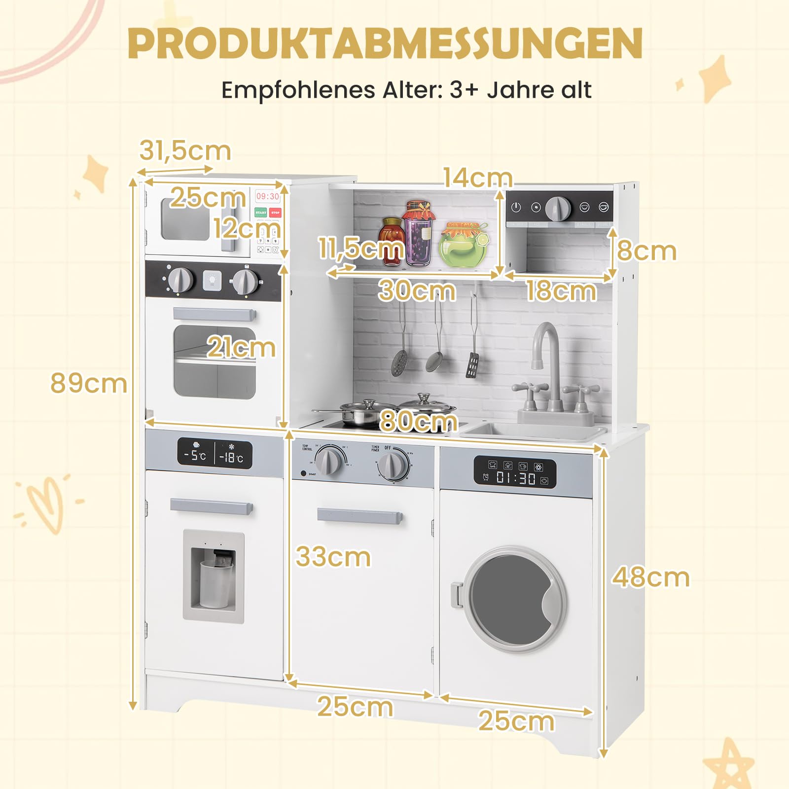 DREAMADE Kinderküche Holz mit Zubehör, Kinder Küche mit Herd Spüle Backofen Waschmaschine, Kinderspielküche Holzküche mit Licht & Sound, Spielküche für Kinder ab 3 Jahren
