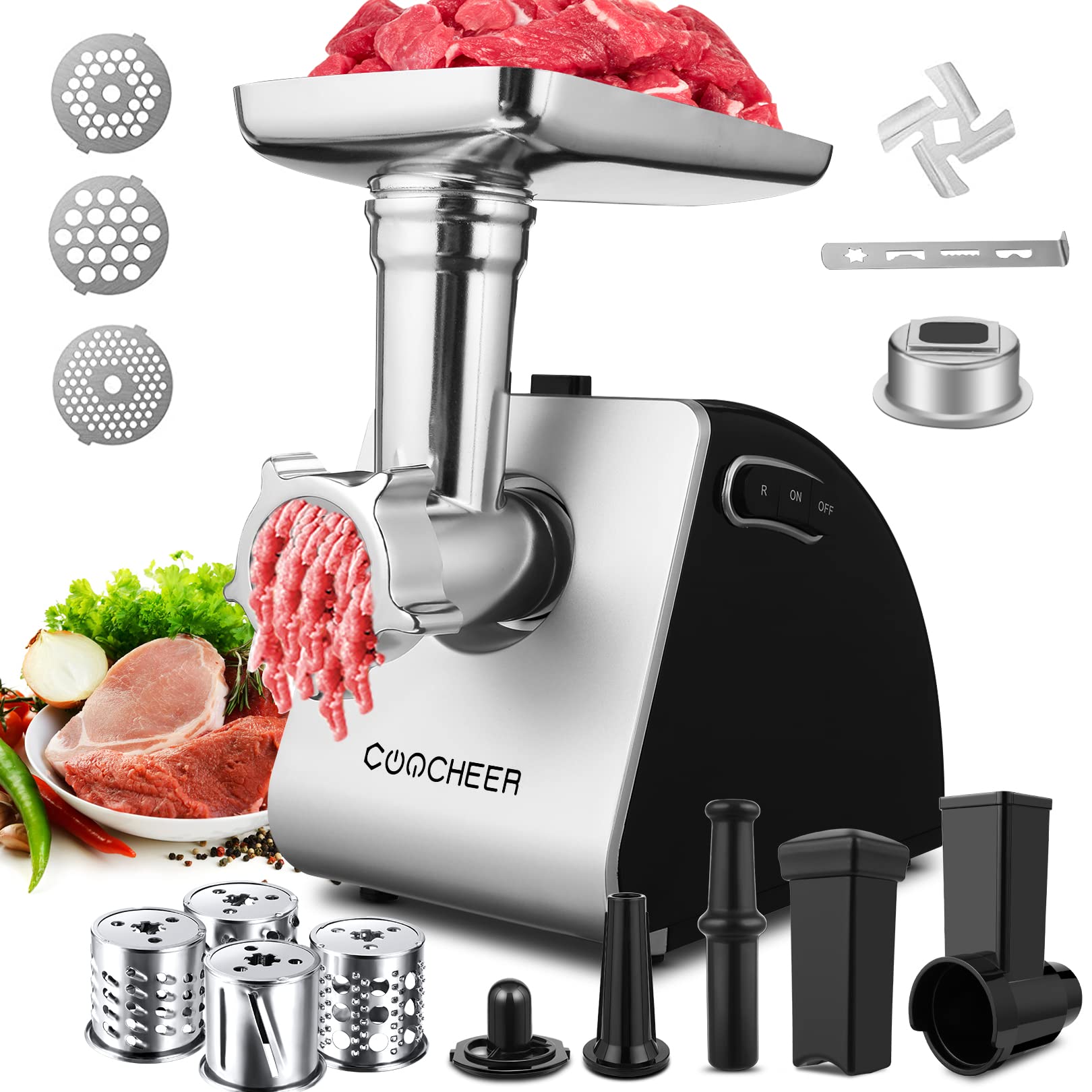 COOCHEER Tritacarne elettrico da 2000 W, tritacarne elettrico con riempitivo per salsicce, 3 dischi in acciaio inox per carne e verdura