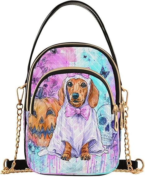 Dachshund Dog Pumpkin Sugar Skull Crossbody Bag Small Shoulder Handbags Leather Purse for Women