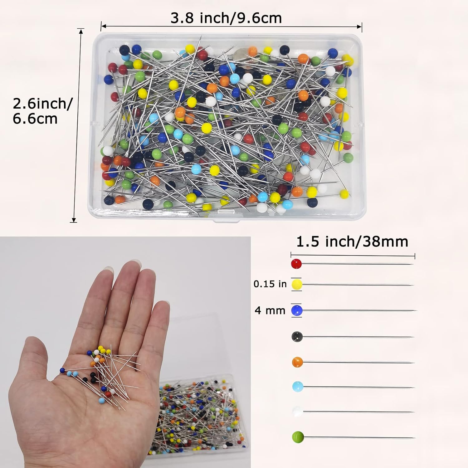 Urmspst Sewing Pins, 250PCS Straight Pins 1.5 in Quilting Pins with Colored Ball Glass Head for Fabric, Jewelry DIY, Craft and Sewing Project(Corlorful)