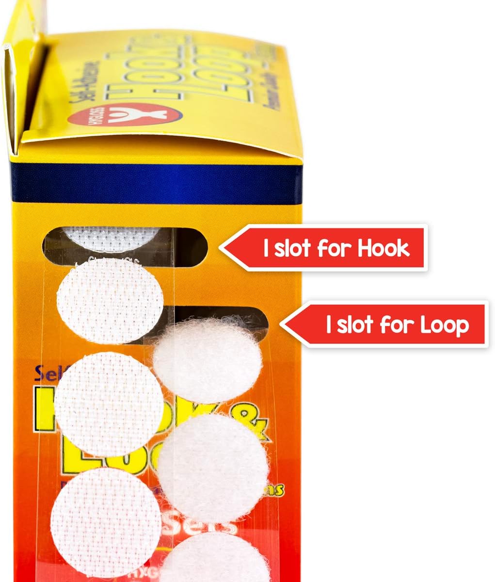 Hygloss Products Self Adhesive Coins - 100 Hook and Loop Fastener Sticky Dots With Dispenser – 5/8 Inches, White