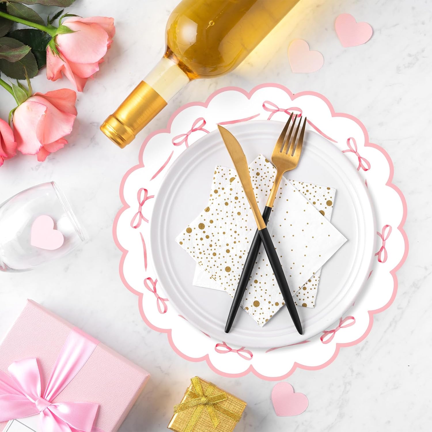 FYSUIMU Pink Bow Plastic Placemats Mother's Day Bowknot Coquette Table Mats Scalloped Place Mats for Wedding Birthday Baby Shower Bachelorette Party Kitchen Supplies, 6Pcs