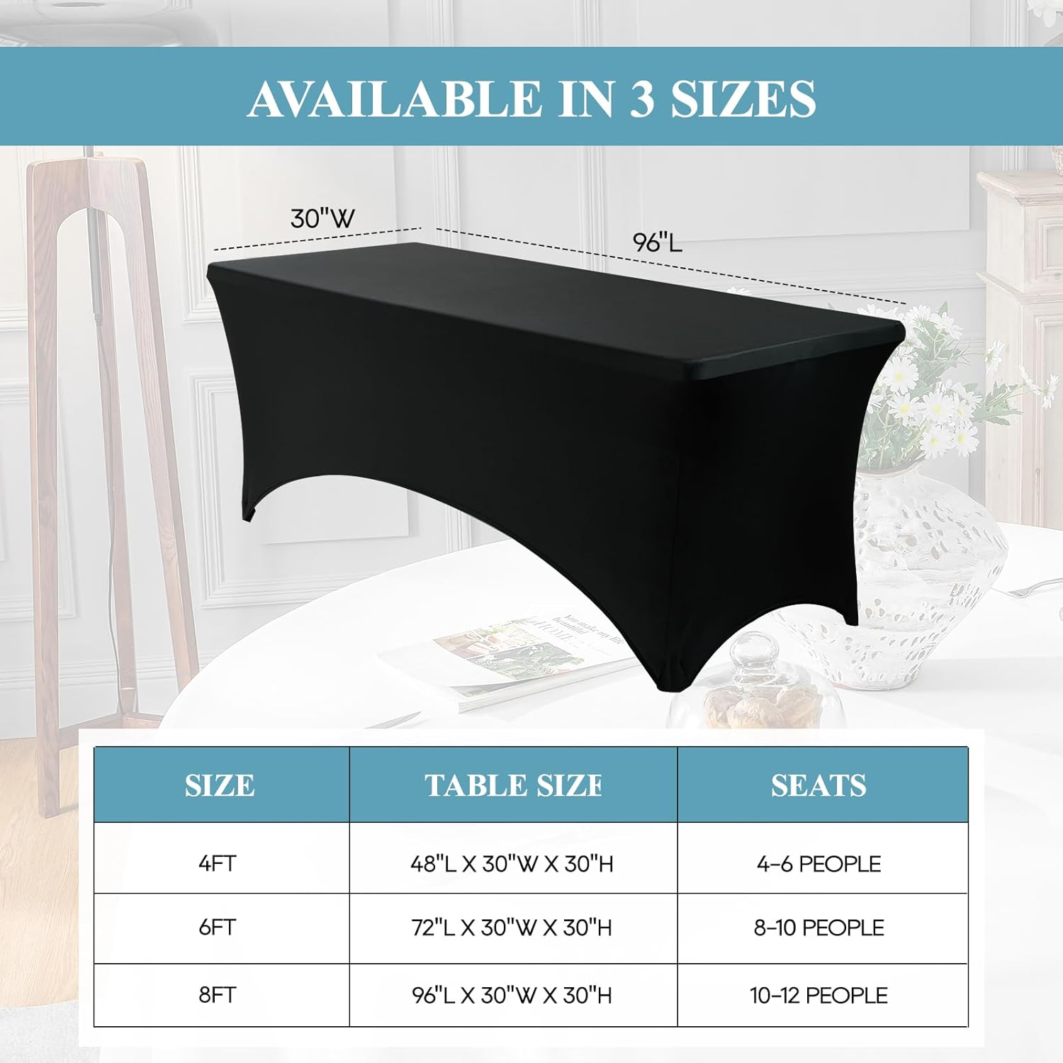 VidaFete Spandex Tablecloth 6 Pack 8FT, Fitted Stretch Table Cover for Rectangle Tables, Wrinkle Resistant and Washable Tablecloths for Outdoor, Picnic, Party, Wedding, Banquet, Birthday, Black