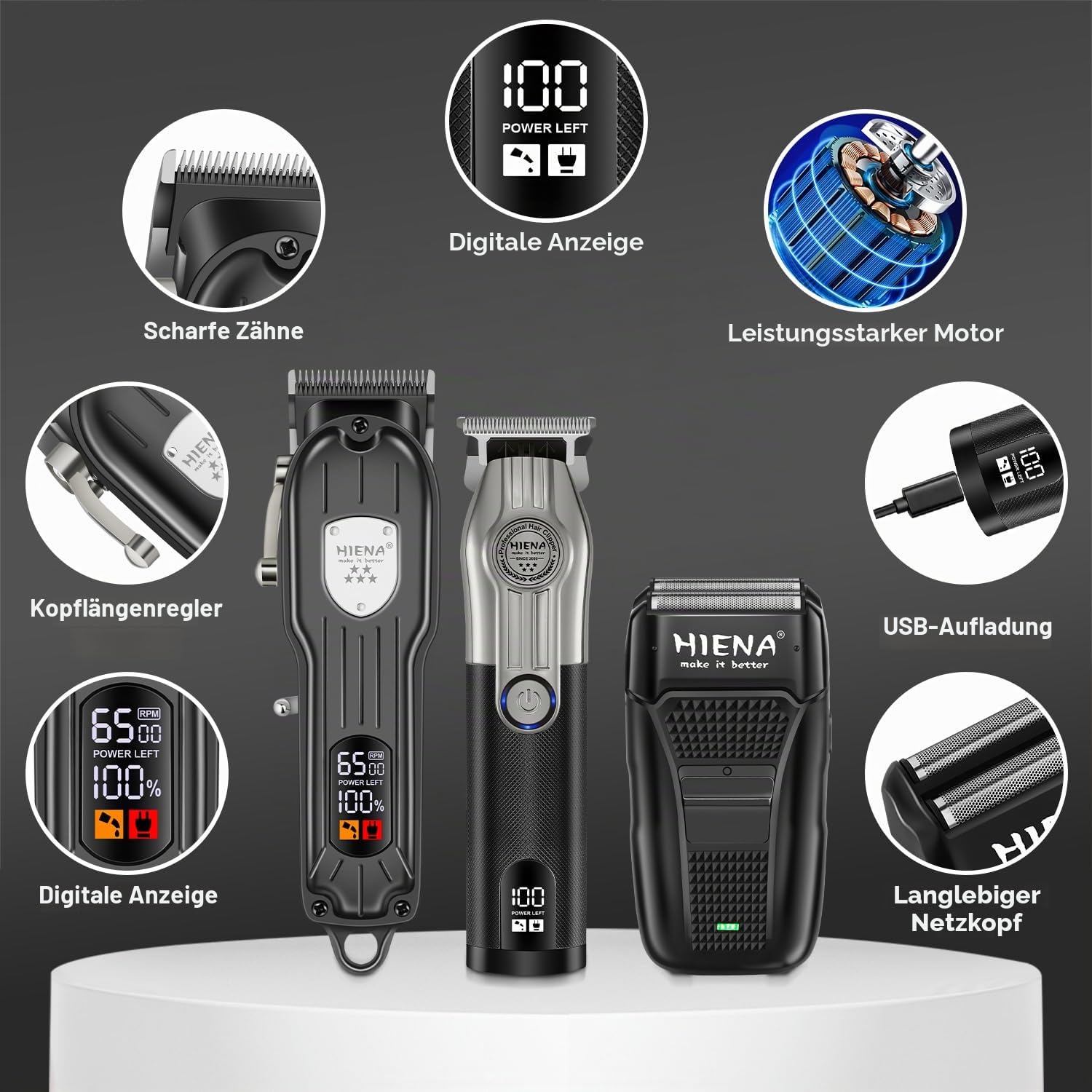 HIENA PRO Professionelle Haarschneidemaschinen für Herren, kabellos, elektrisch, Bartschneider und Folienrasierer, Set, Heim-Haarschneide-Set, Typ-C, wiederaufladbar, für Friseurschermaschine mit
