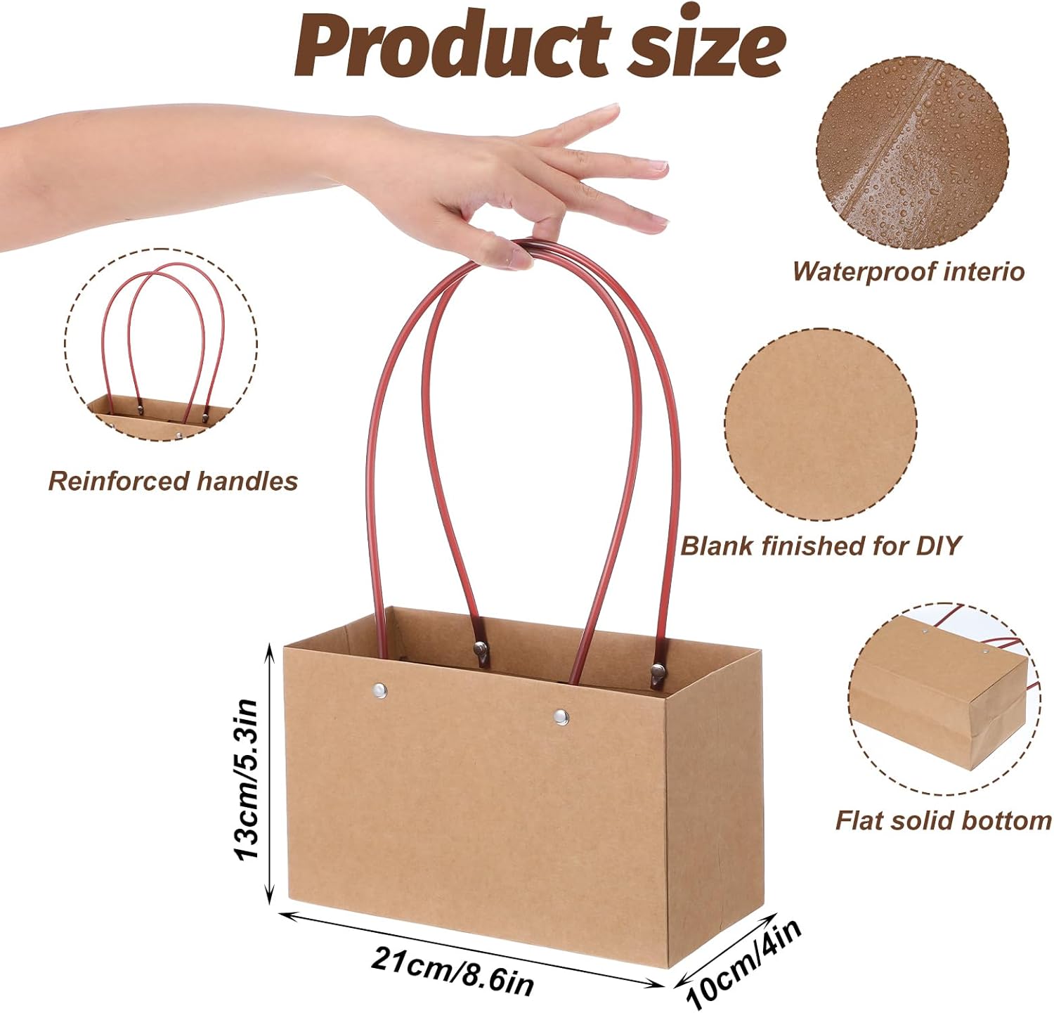 Limbeuuu 16-Pack Brown Paper Flower Gift Bags, Brown Bouquet Bag Box with Handle, Small Paper Carrier Tote Bags with Waterproof Lining for Floral Arrangements, Party Favor, Ultra Thick