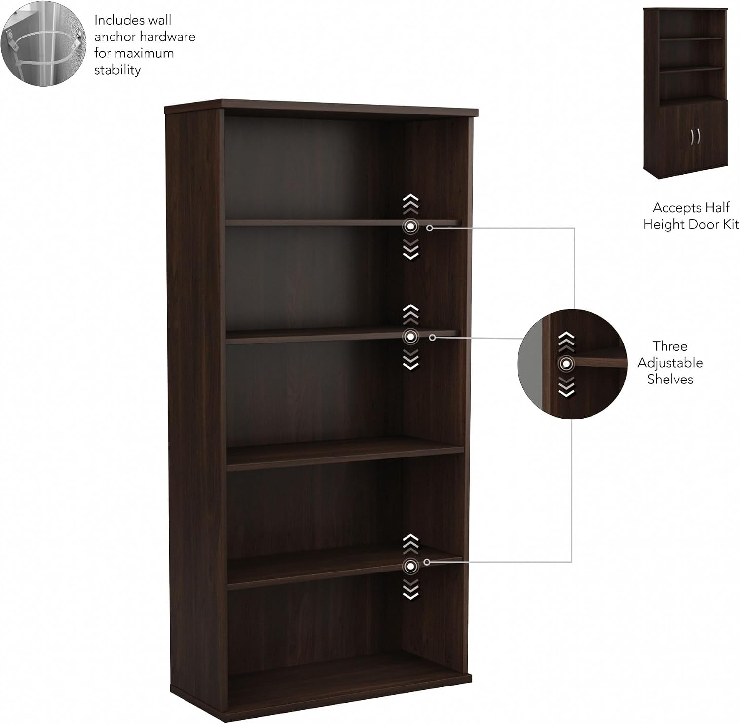 Bush Business Furniture Studio C Tall 5 Shelf Bookcase with Doors, Black Walnut