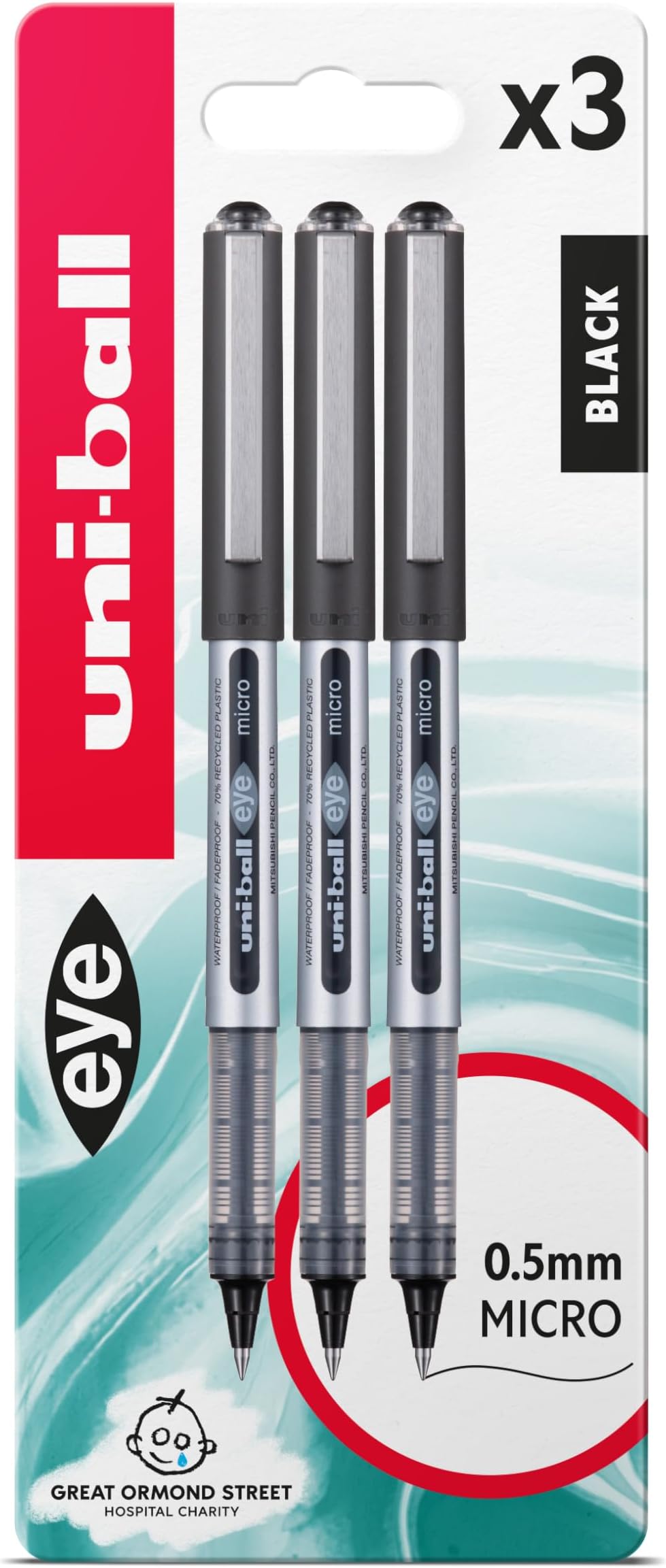 uni-ball UB-150 Eye Black Rollerball Pens. Premium Micro 0.5mm Ballpoint Tip for Super Smooth Handwriting, Drawing, Art, Crafts and Colouring. Fade and Water Resistant Liquid Uni Super Ink. 3 Pack