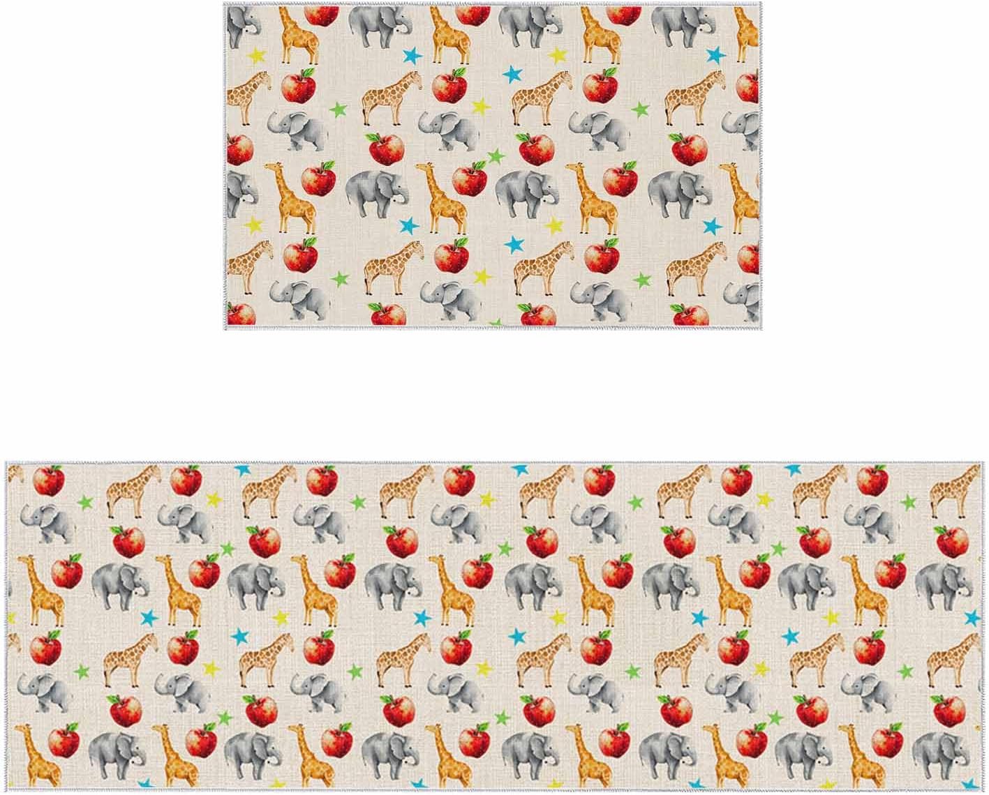 2 Pieces Kitchen Rugs and Mats,Vintage Giraffe Elephant Star Fruit Area Runner Rug Set Non Slip Floor Doormat Washable Carpet Standing Mat for Kitchen Sink Indoor Corridor,Cartoon Animal on Linen