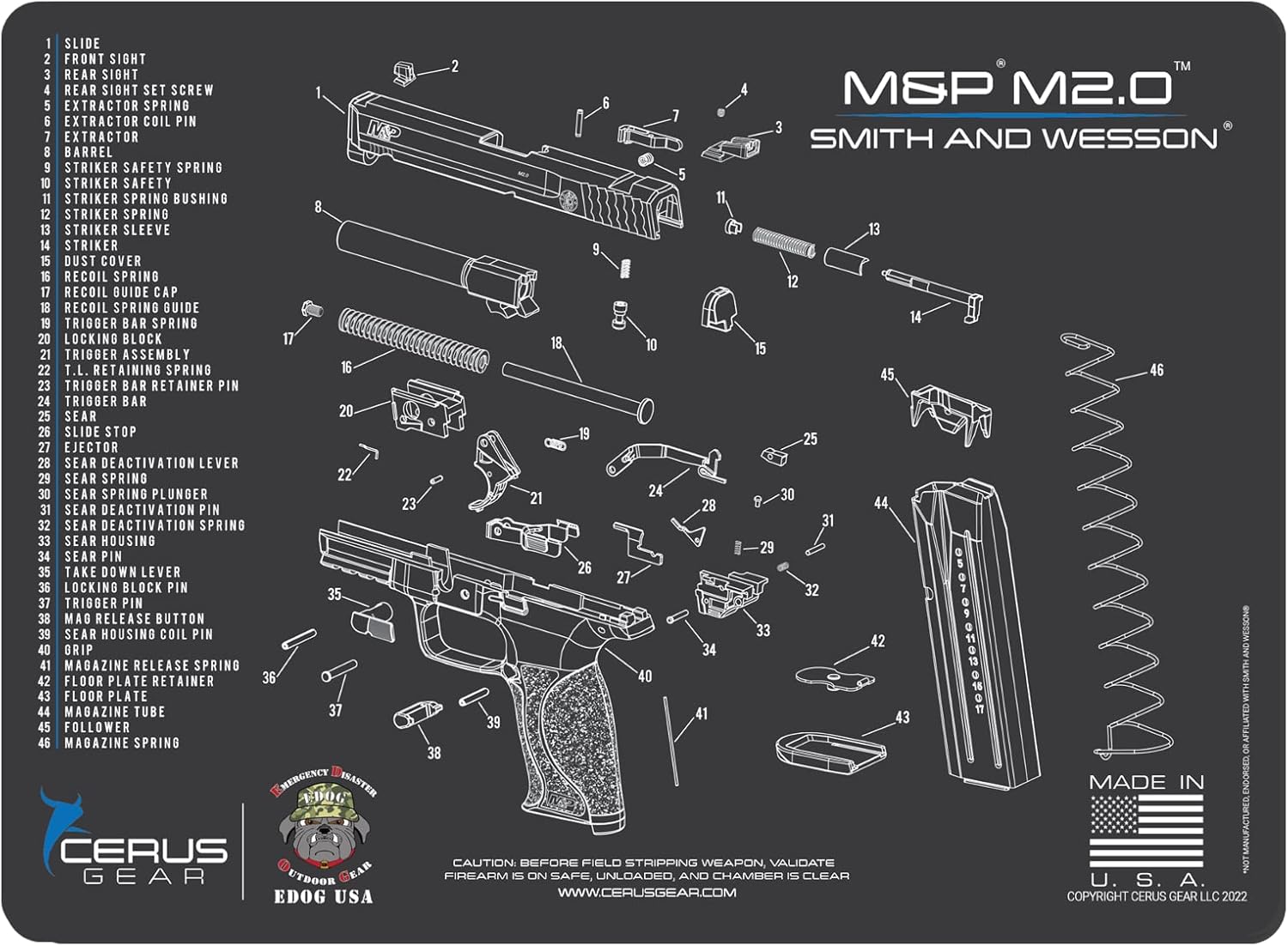 Range Warrior 27 Pc Gun Cleaning Kit - Compatible with Walther M&P 2.0 - Schematic (Exploded View) Mat, Range Warrior Universal .22 9mm - .45 Kit & Tac Book Accessories Set