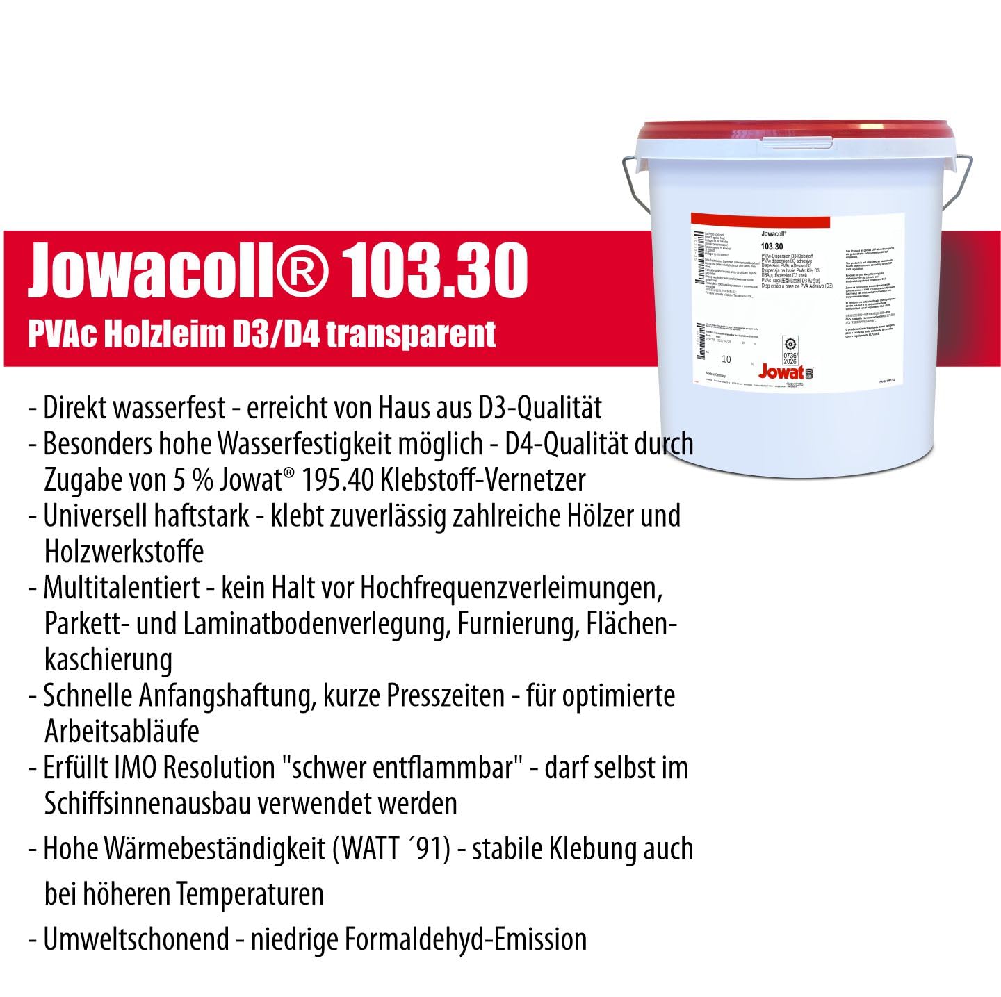 Jowat Jowacoll 103.30 10 kg Holzleim-Set inkl. Leimspachtel – Dispersionsleim D3 / D4 für Holz, Kanten, Furniere & Möbelbau – hohe Festigkeit