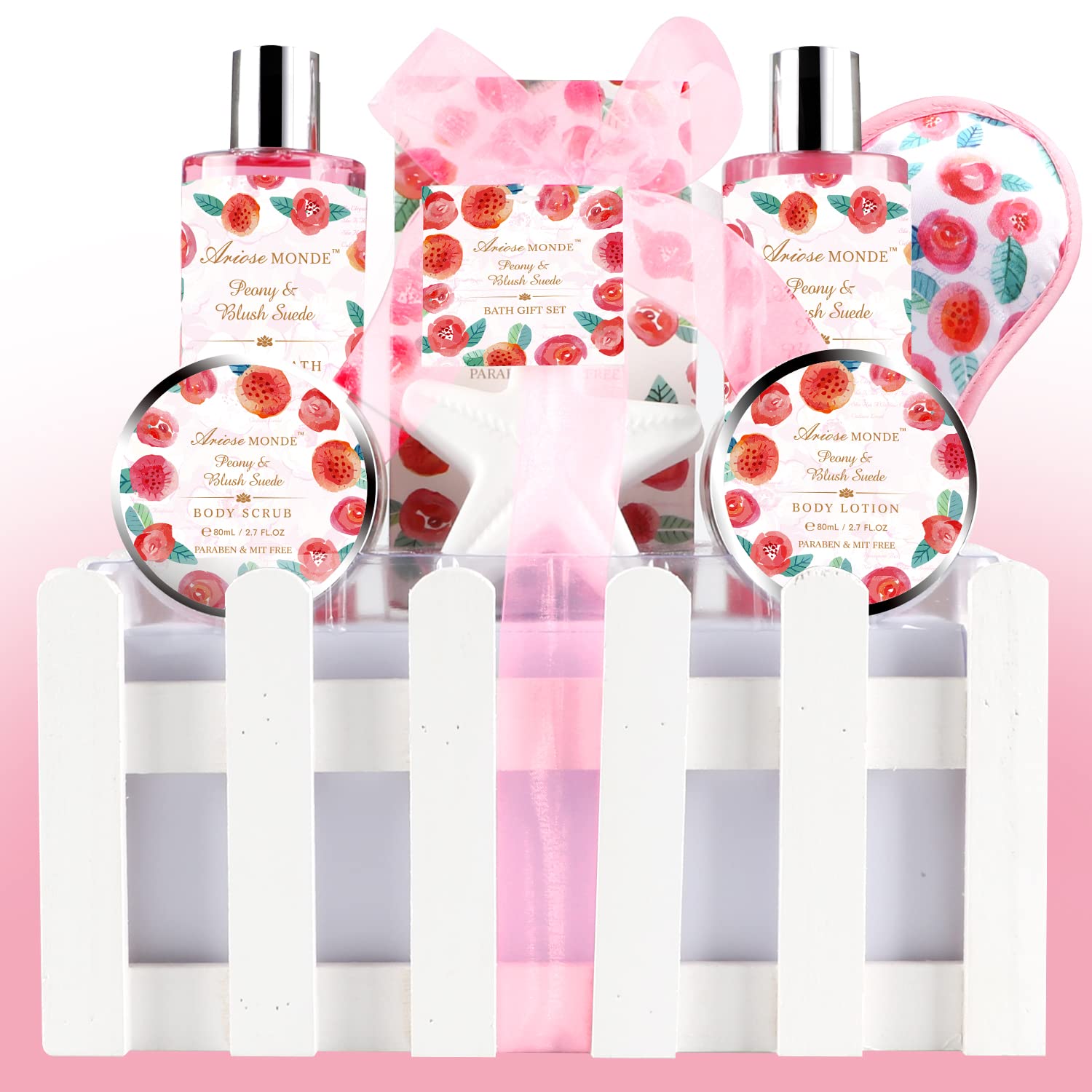 Spa Basket Gift Set for Women, Peony & Blush Suede Fragrance, Home Relax Bath Gift Set with Shower Gel, Bubble Bath,Body Lotion,Body Scrub,Bath Bombs,Bath Salt, Eye Mask