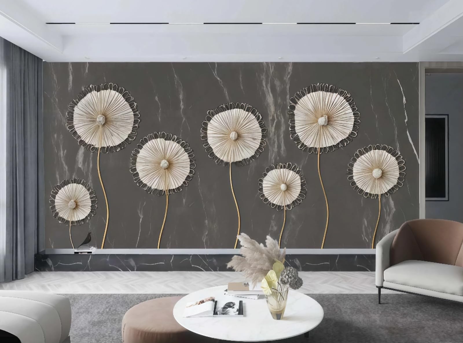 Tapeta nowoczesna moda biały szydełkowany kwiat sztuka ciemnoszary marmurowy wzór TV sofa tło ściana sypialnia salon gabinet mural, 3D, 430 x 300 cm