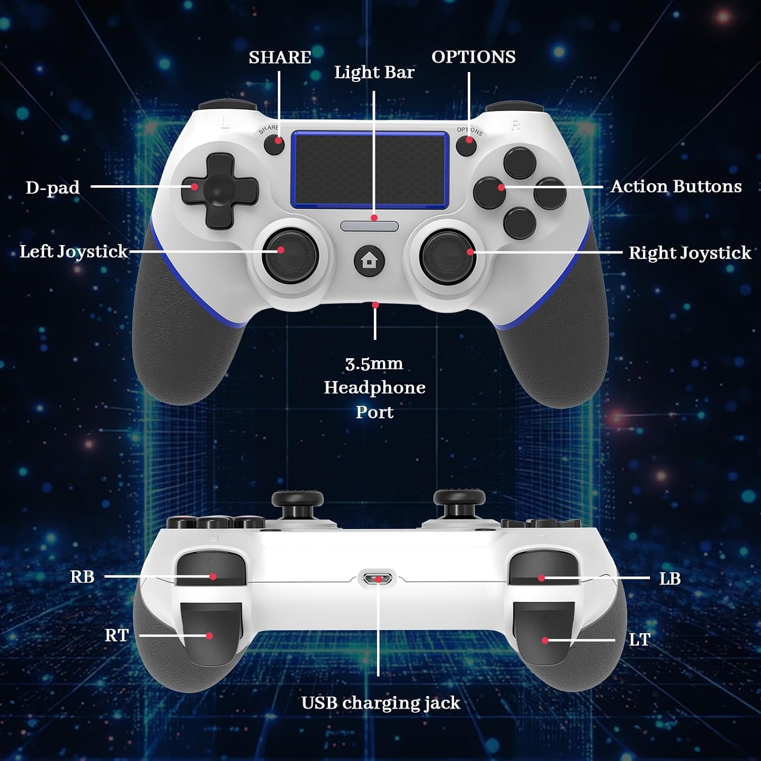 LZXWAWA Wireless Controller for Ps4 Controller Ps4/Slim/Pro/Windows PC | Touchpad/Vibration/Turbo/Built-in Speaker&3.5mm Headphone Jack/Six-axis Motion Control/USB-C Charging Cable，White Blue