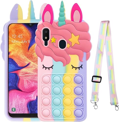 nancheng Funda para teléfono Galaxy A21 con correa, juguetes para aliviar el estrés Push Pop Bubble 3D Cartoon Funny Kawaii Funda de silicona para